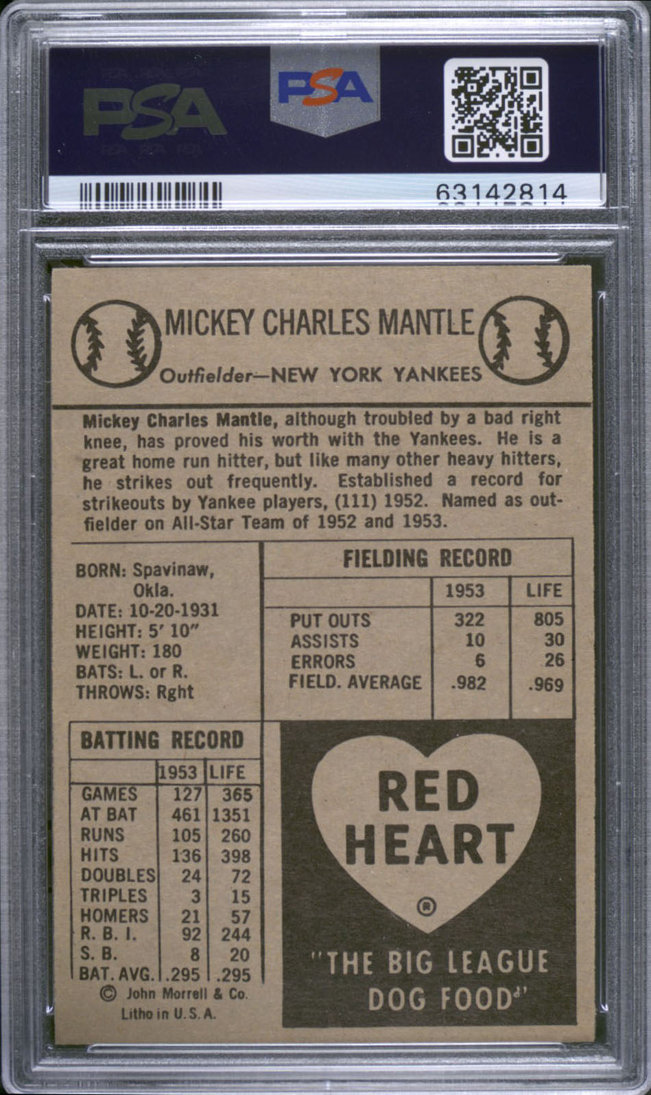 1954 Red Heart Mickey Mantle PSA 7