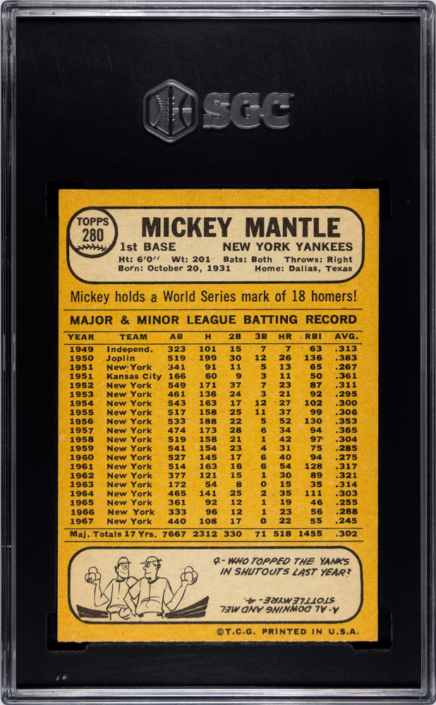 1968 Topps Mickey Mantle #280 SGC 6