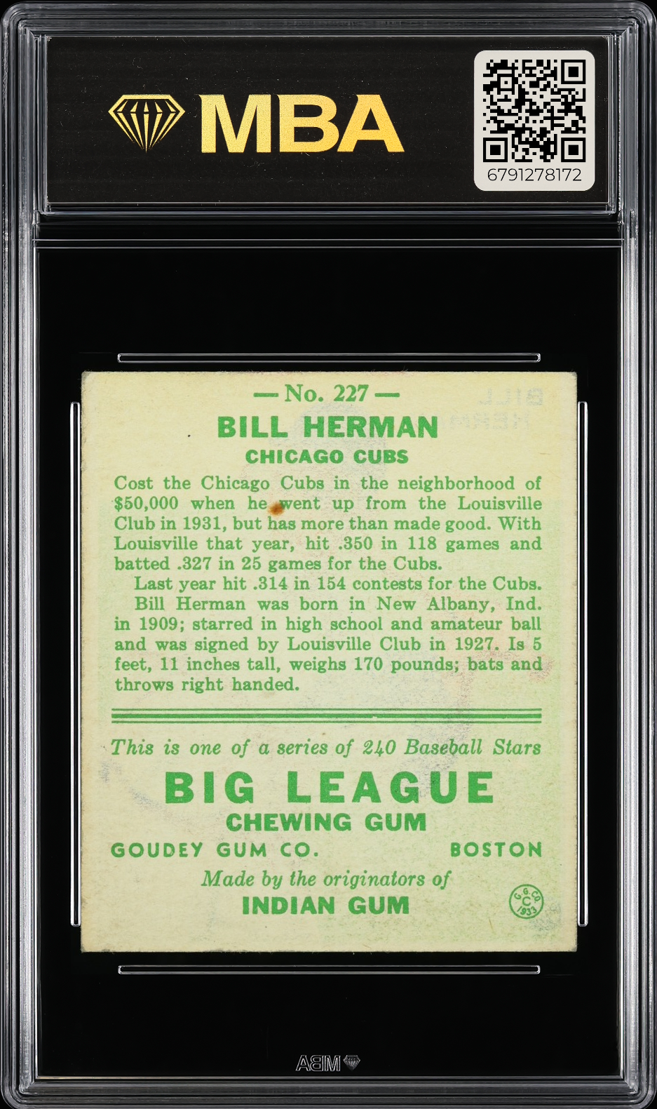 1933 Goudey Bill Herman #227 MBA 2