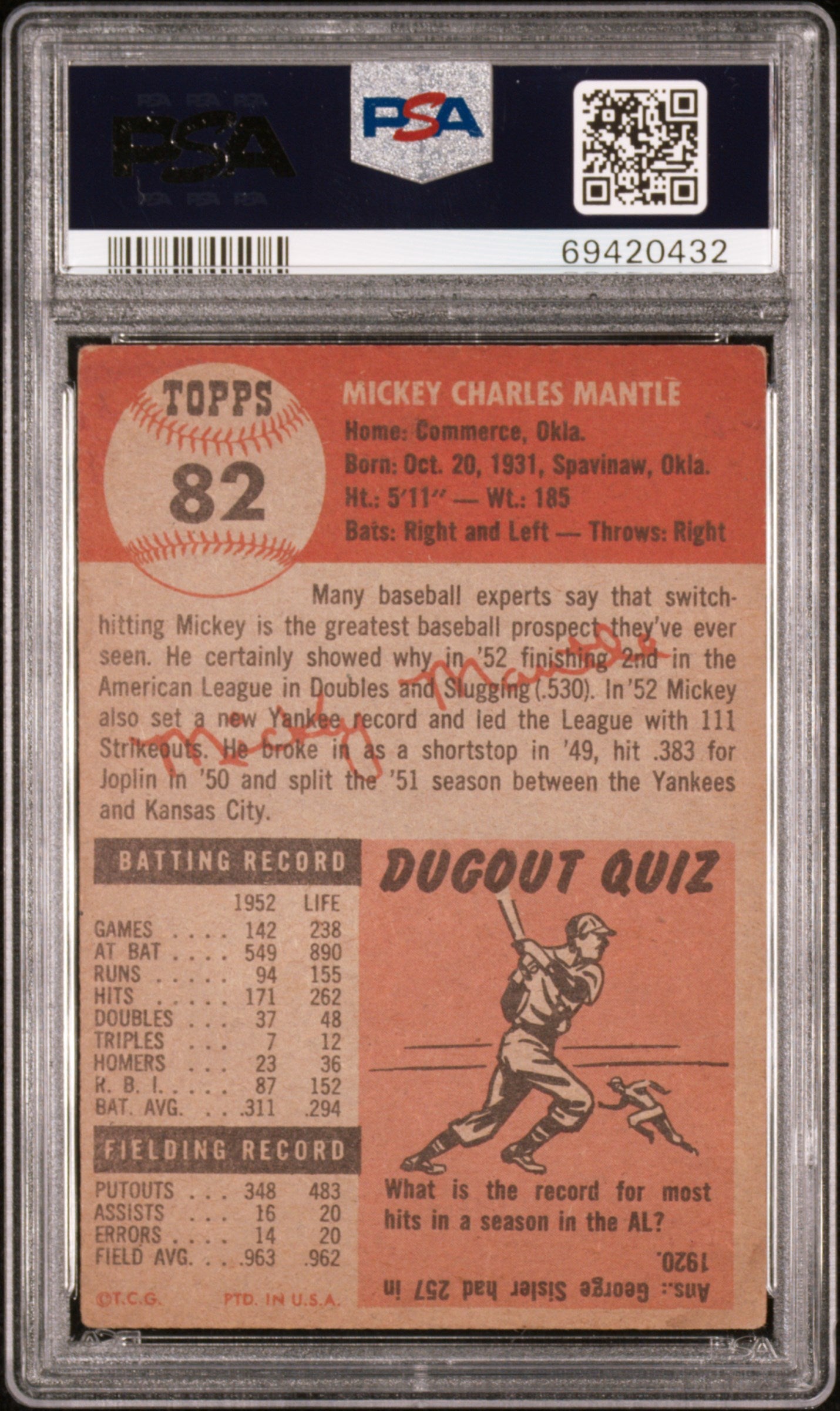1953 Topps Mickey Mantle #82 PSA 2