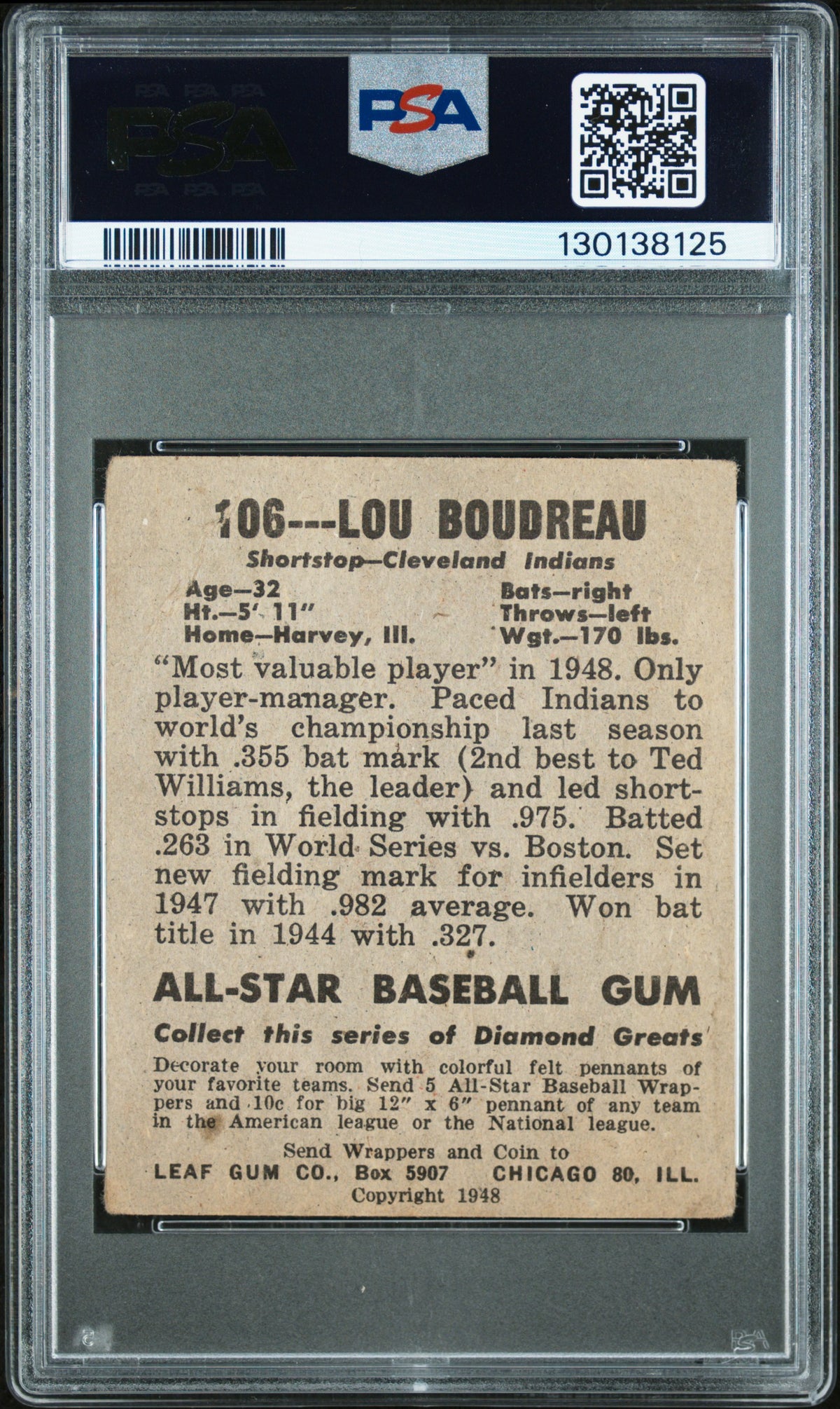 1948 Leaf Lou Boudreau #106 PSA 1.5