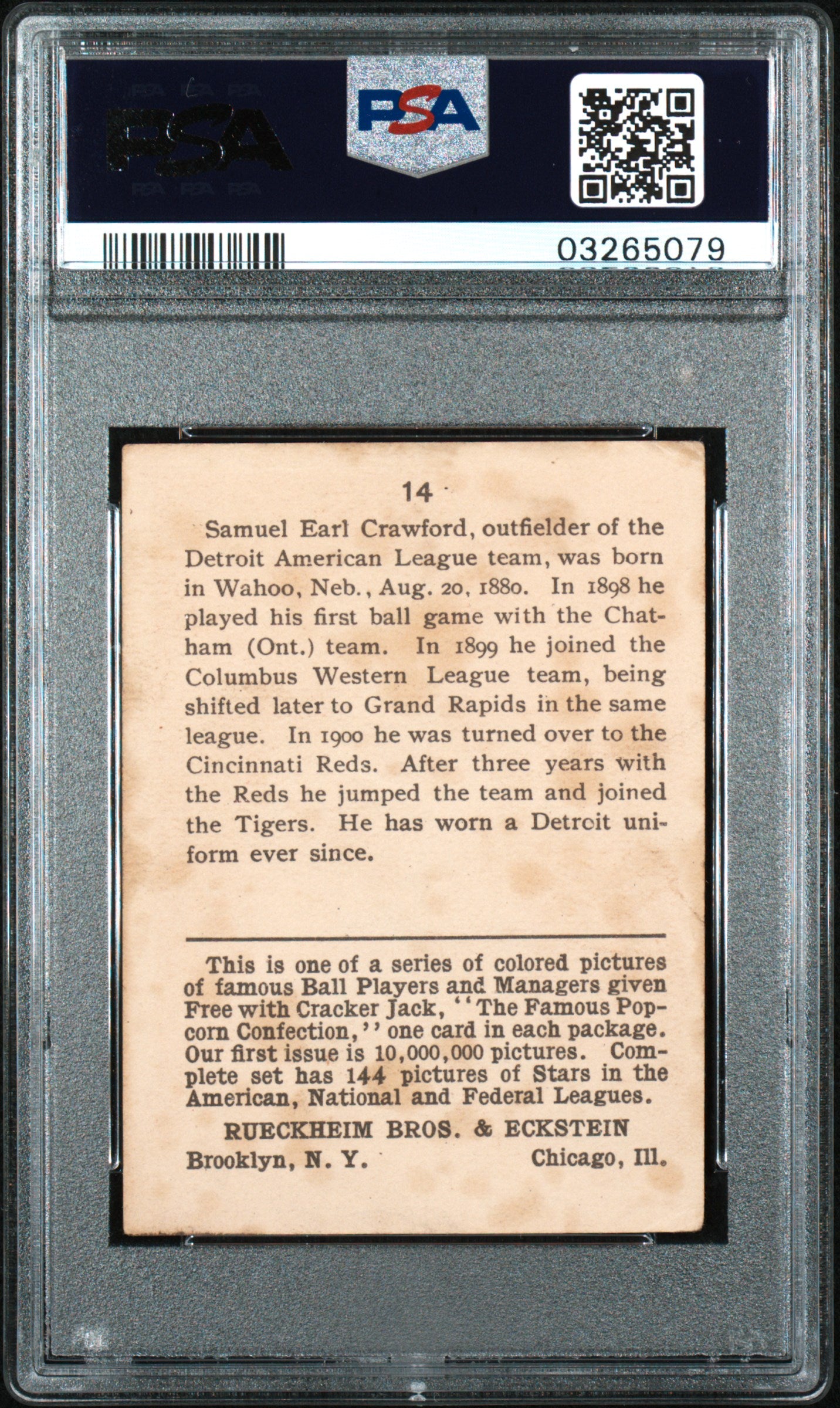 1914 Cracker Jack Sam Crawford #14 PSA 3