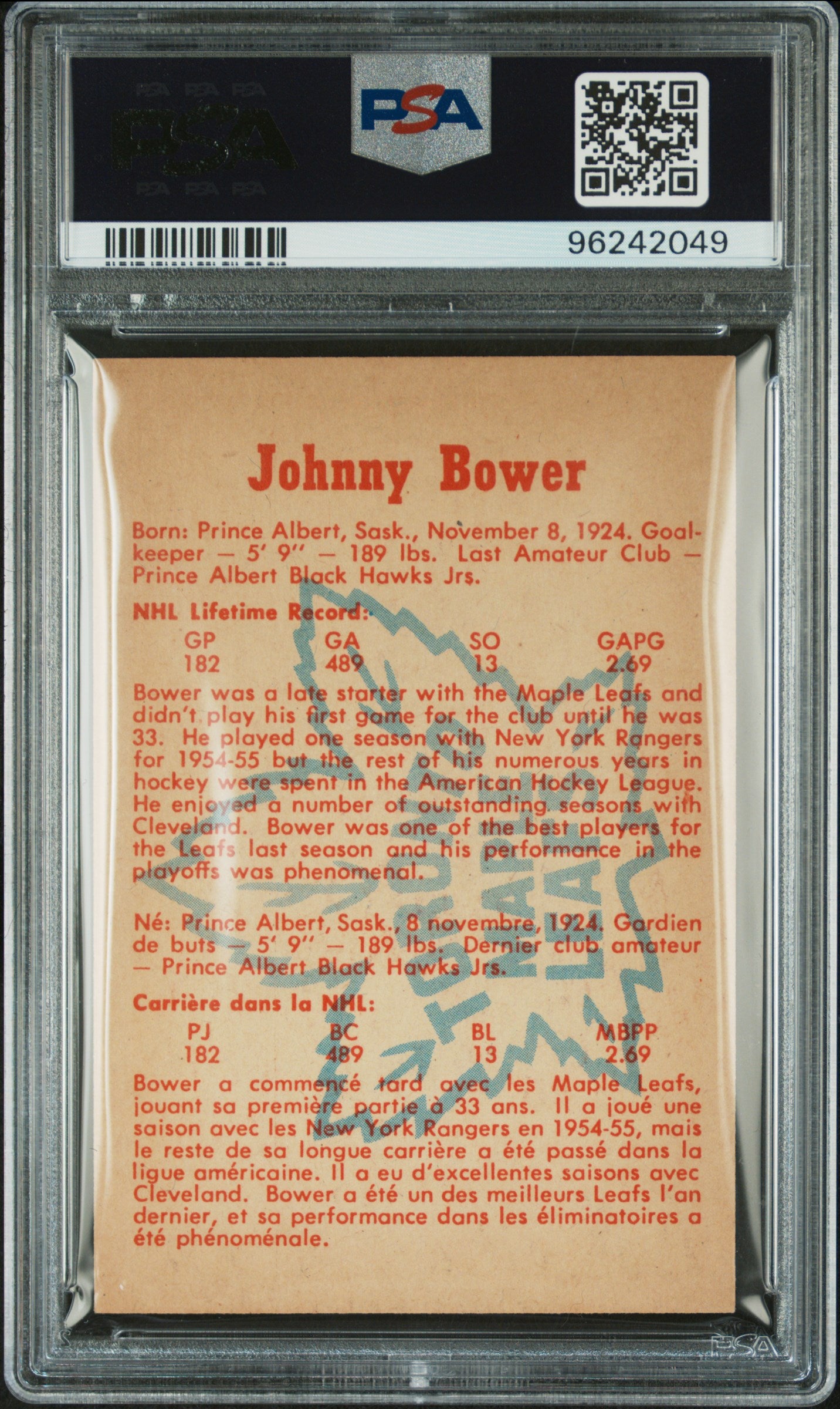 1960 Parkhurst Johnny Bower #3 PSA 7