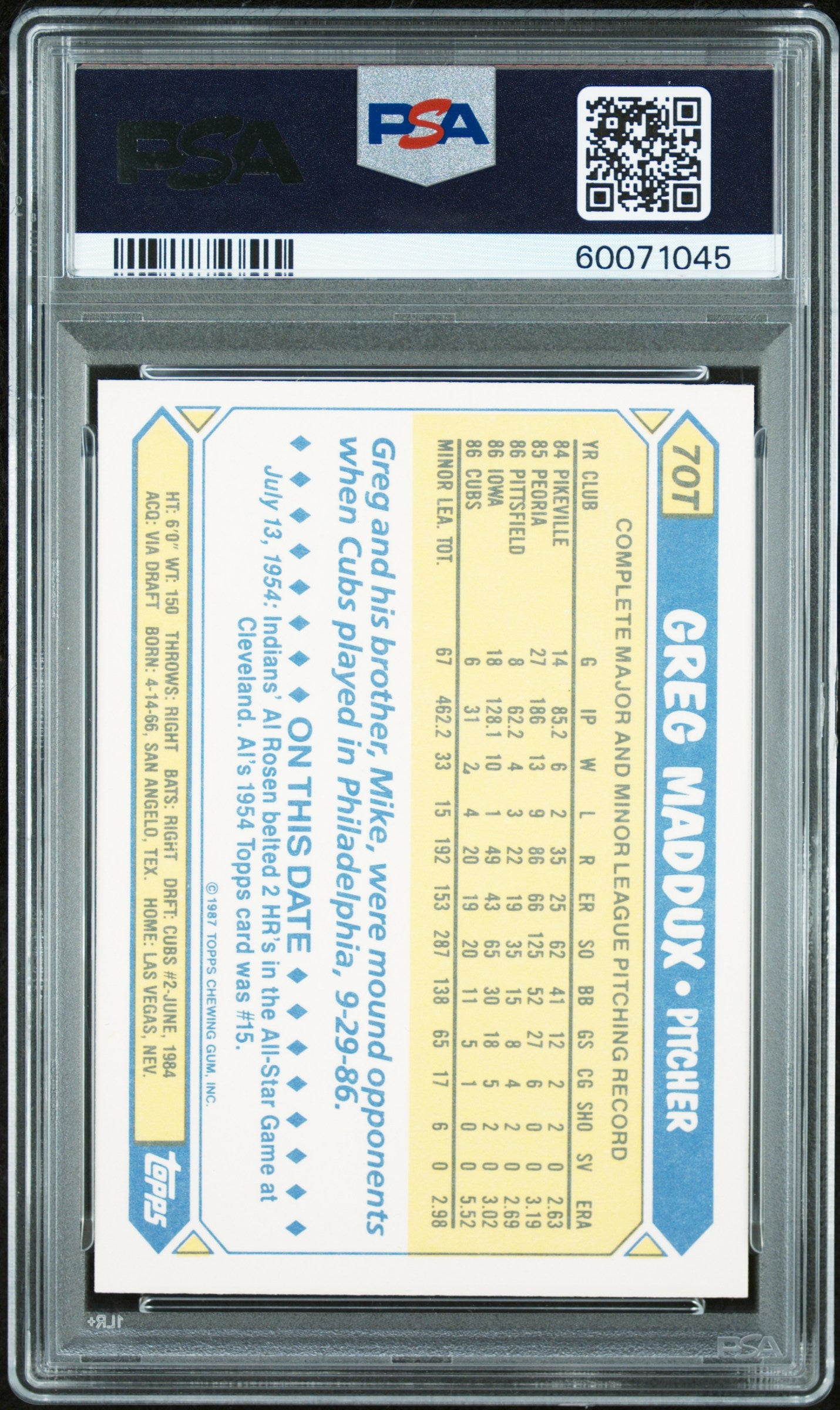 1987 Topps Traded Tiffany Greg Maddux #70T PSA 10