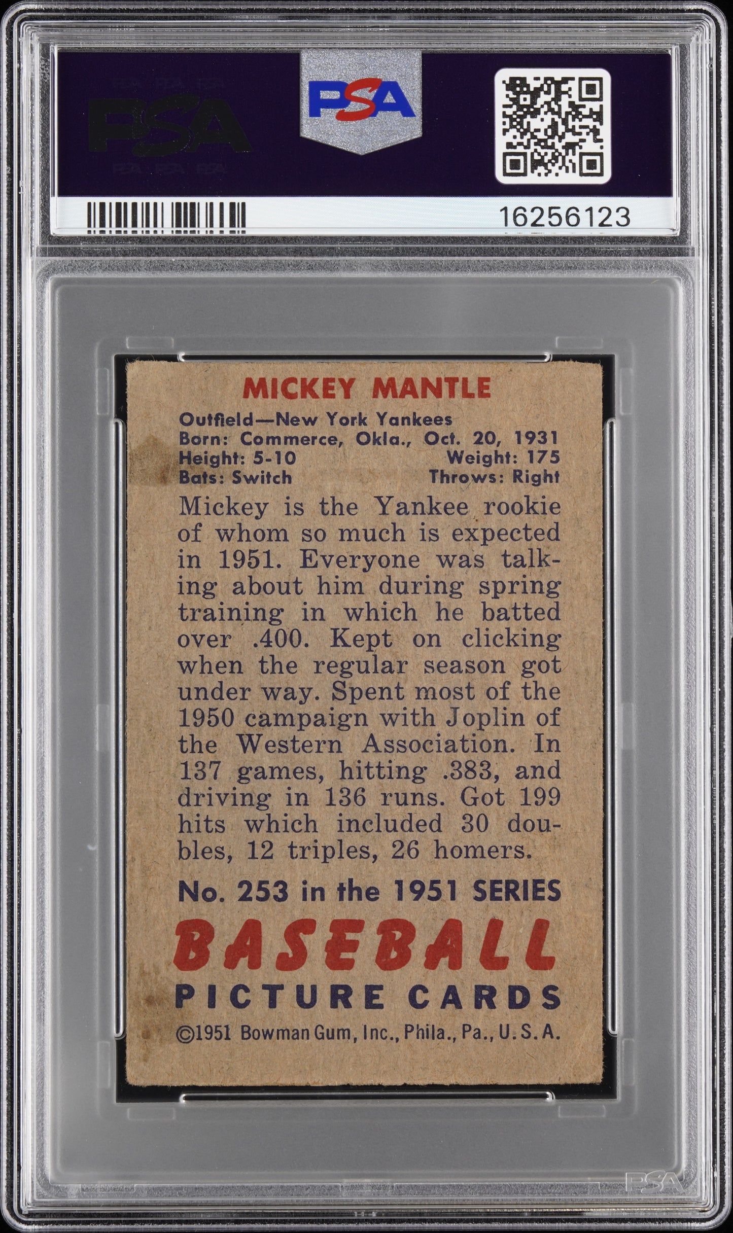 1951 Bowman Mickey Mantle #253 PSA 3