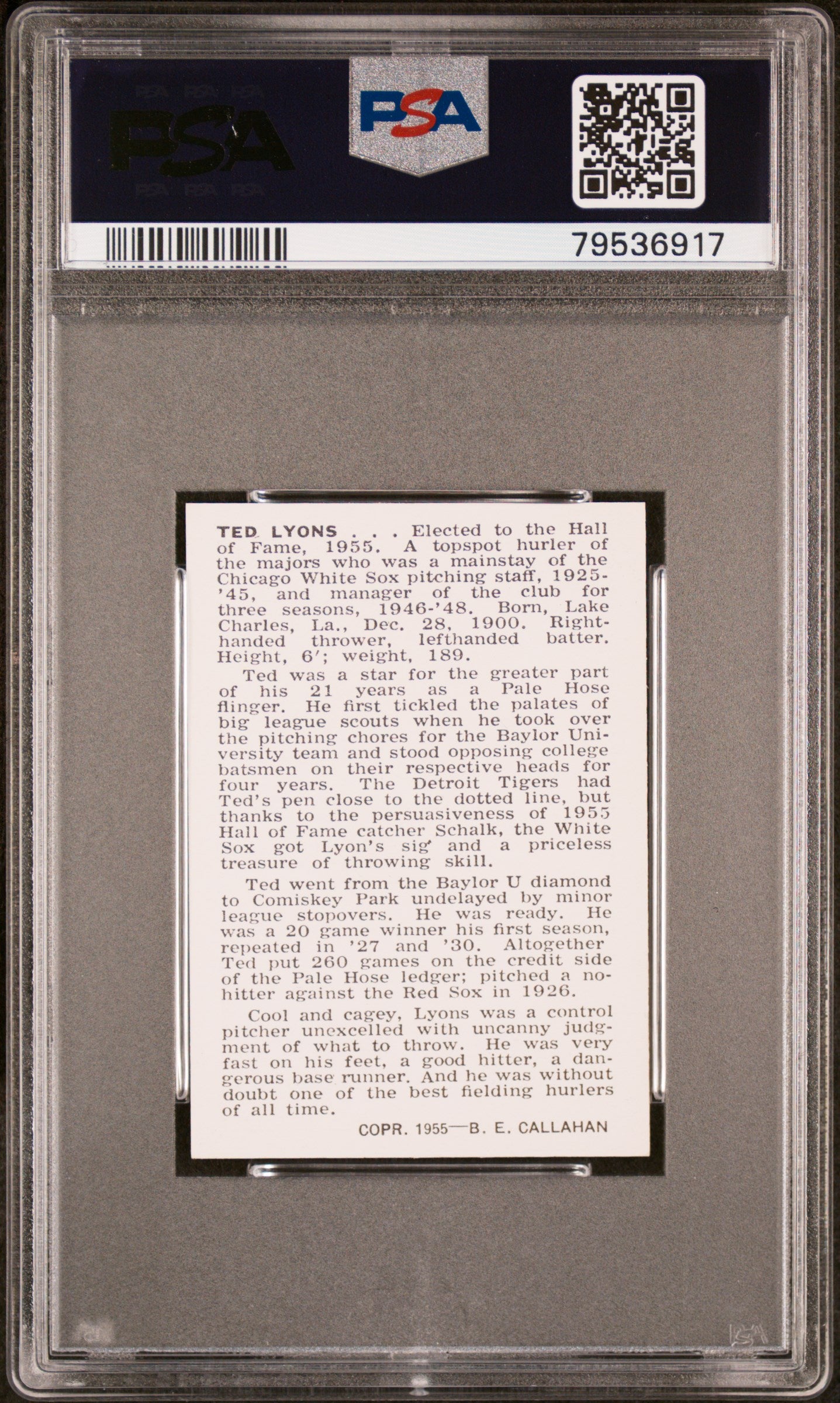 1950 Callahan Hall Of Fame Ted Lyons PSA 9