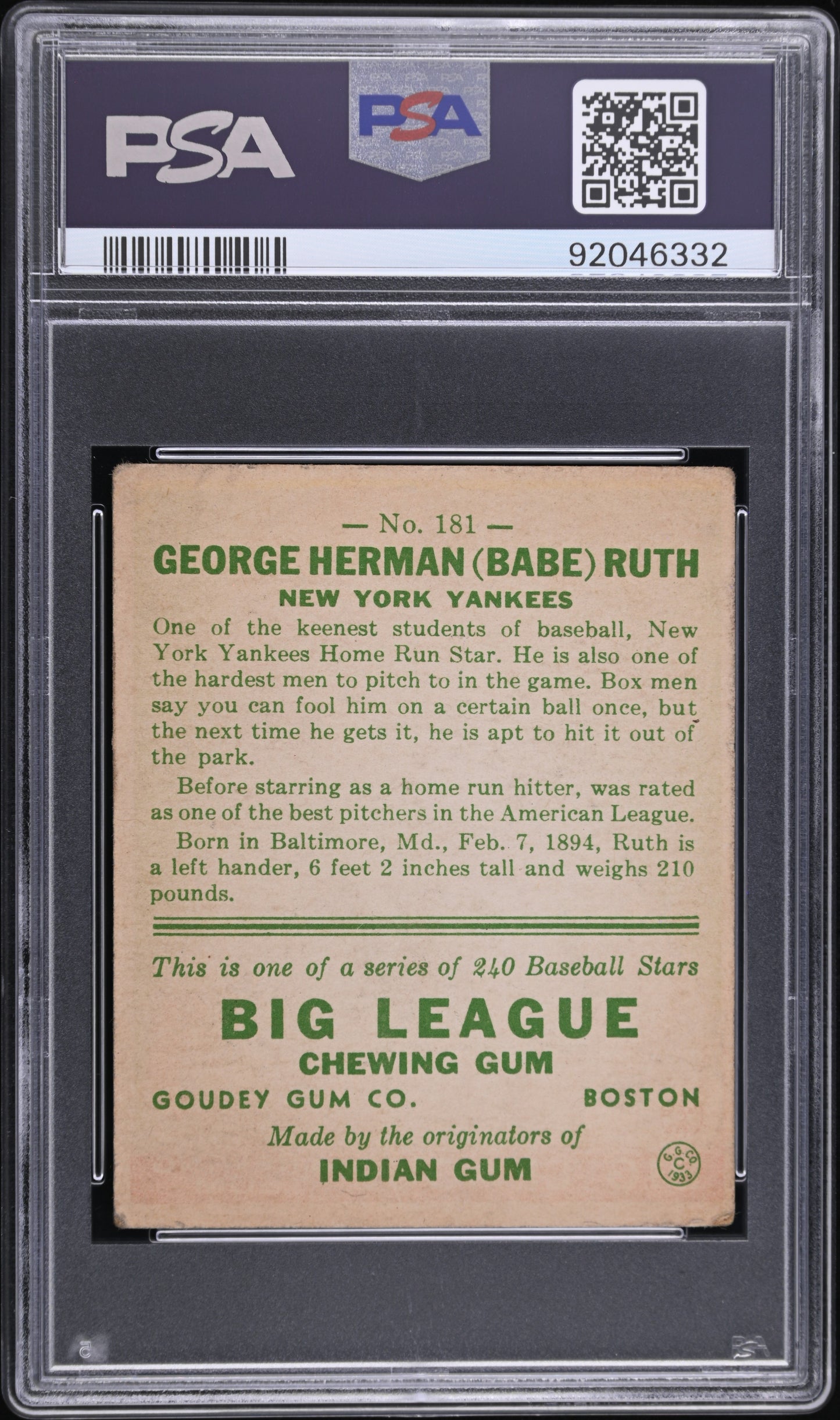 1933 Goudey Babe Ruth #181 PSA 2.5
