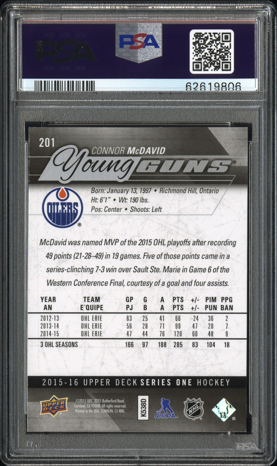 2015 Upper Deck Connor McDavid #201 PSA 9
