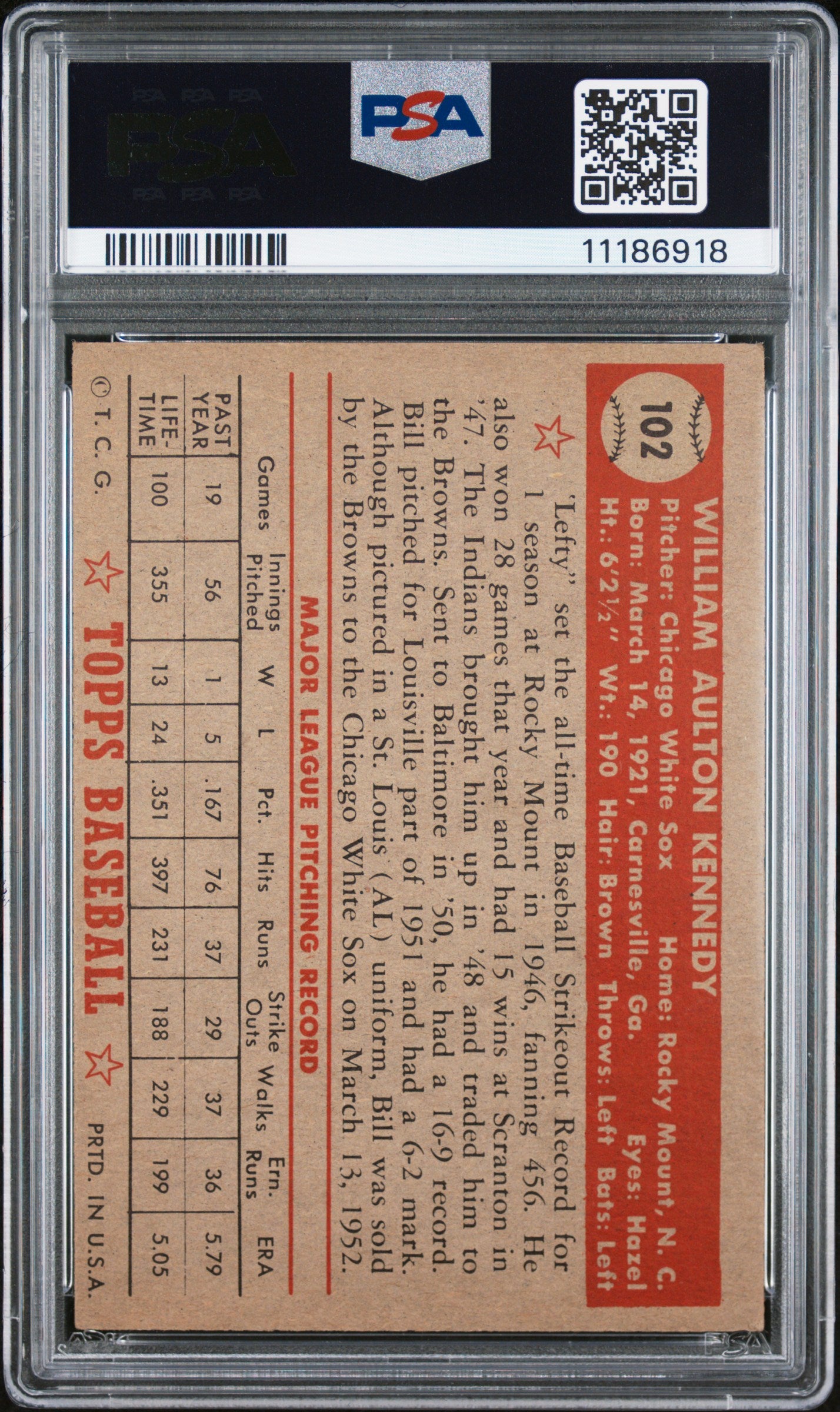 1952 Topps Bill Kennedy #102 PSA 7