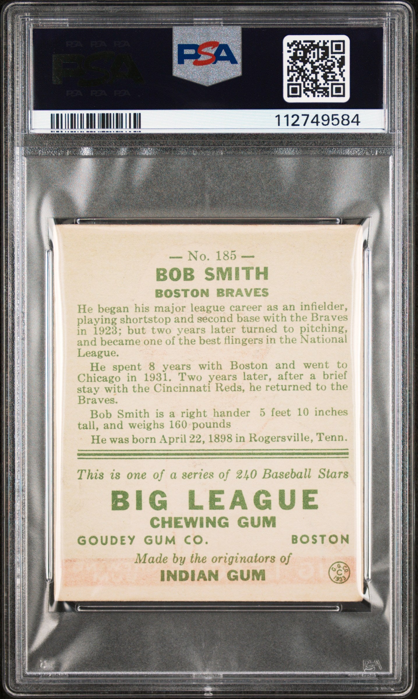 1933 Goudey Bob Smith #185 PSA 4