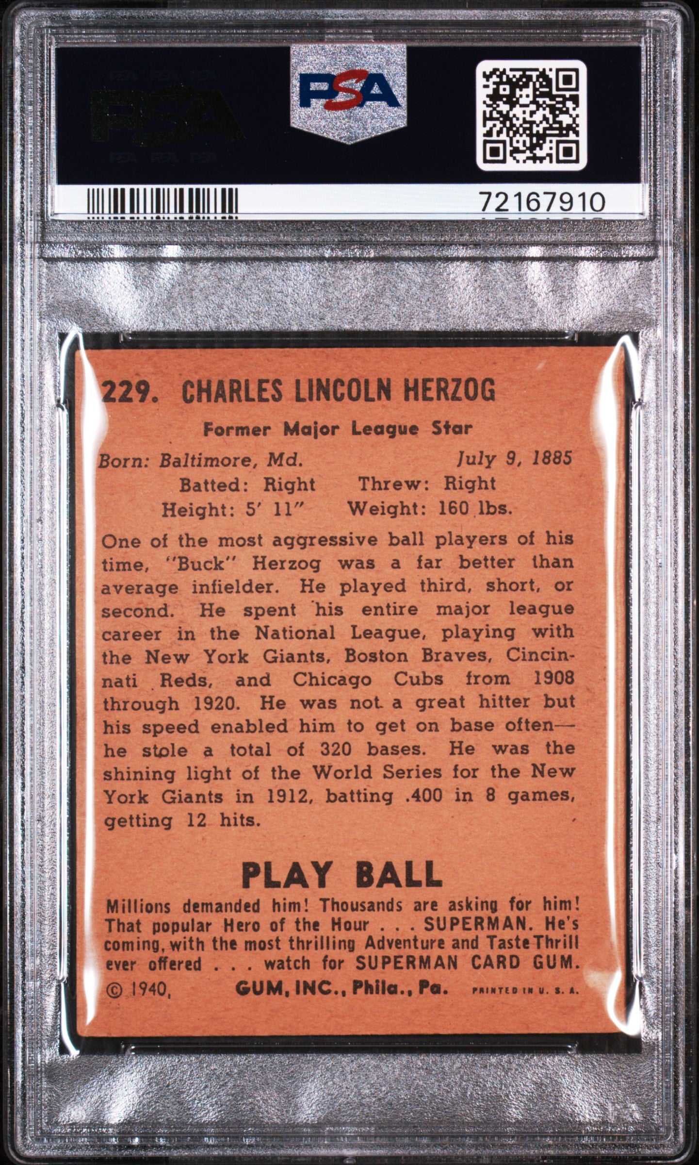 1940 Play Ball Buck Herzog #229 PSA 4