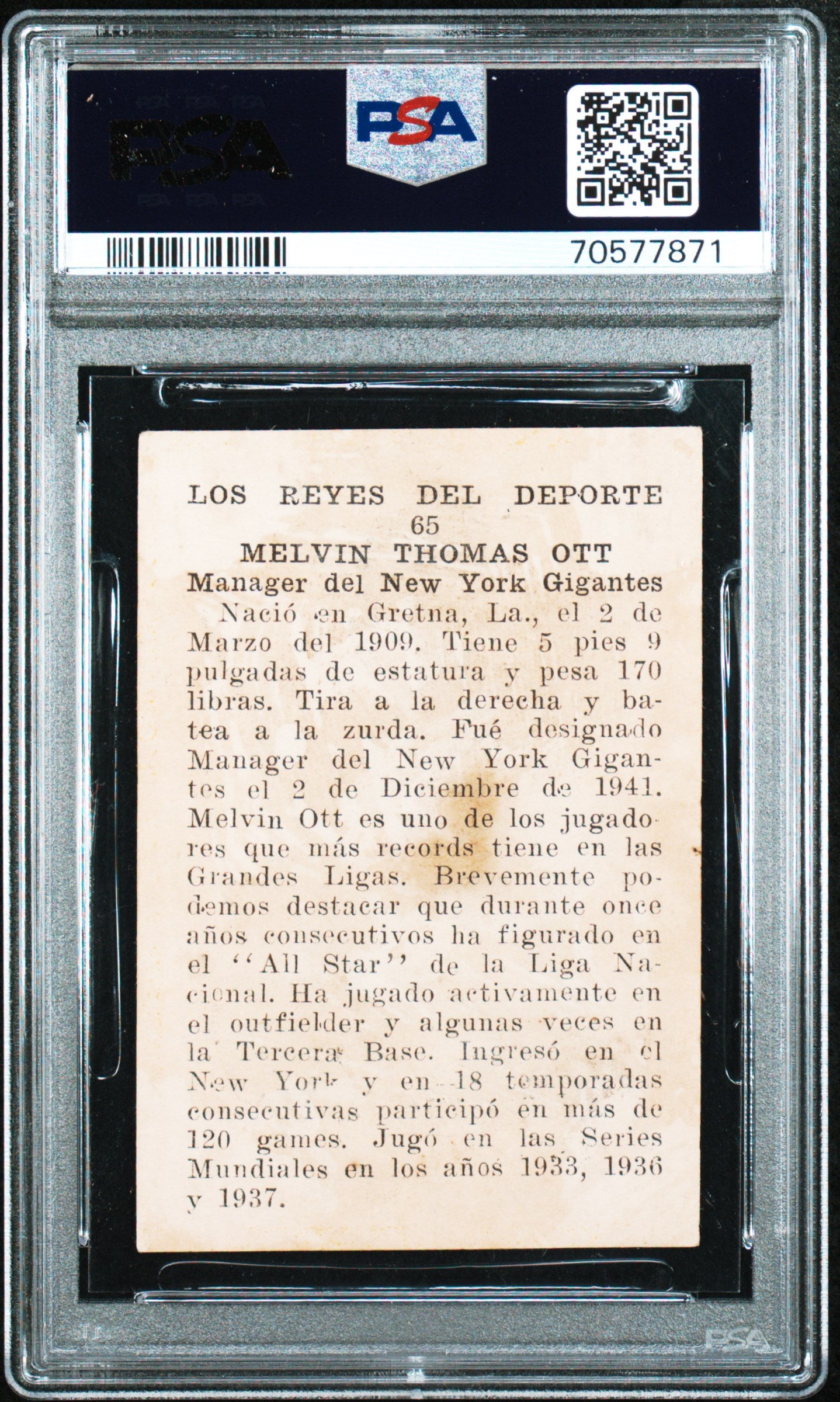 1946 Propagandas Montiel Los Reyes Del Deporte Melvin Ott #65 PSA 1