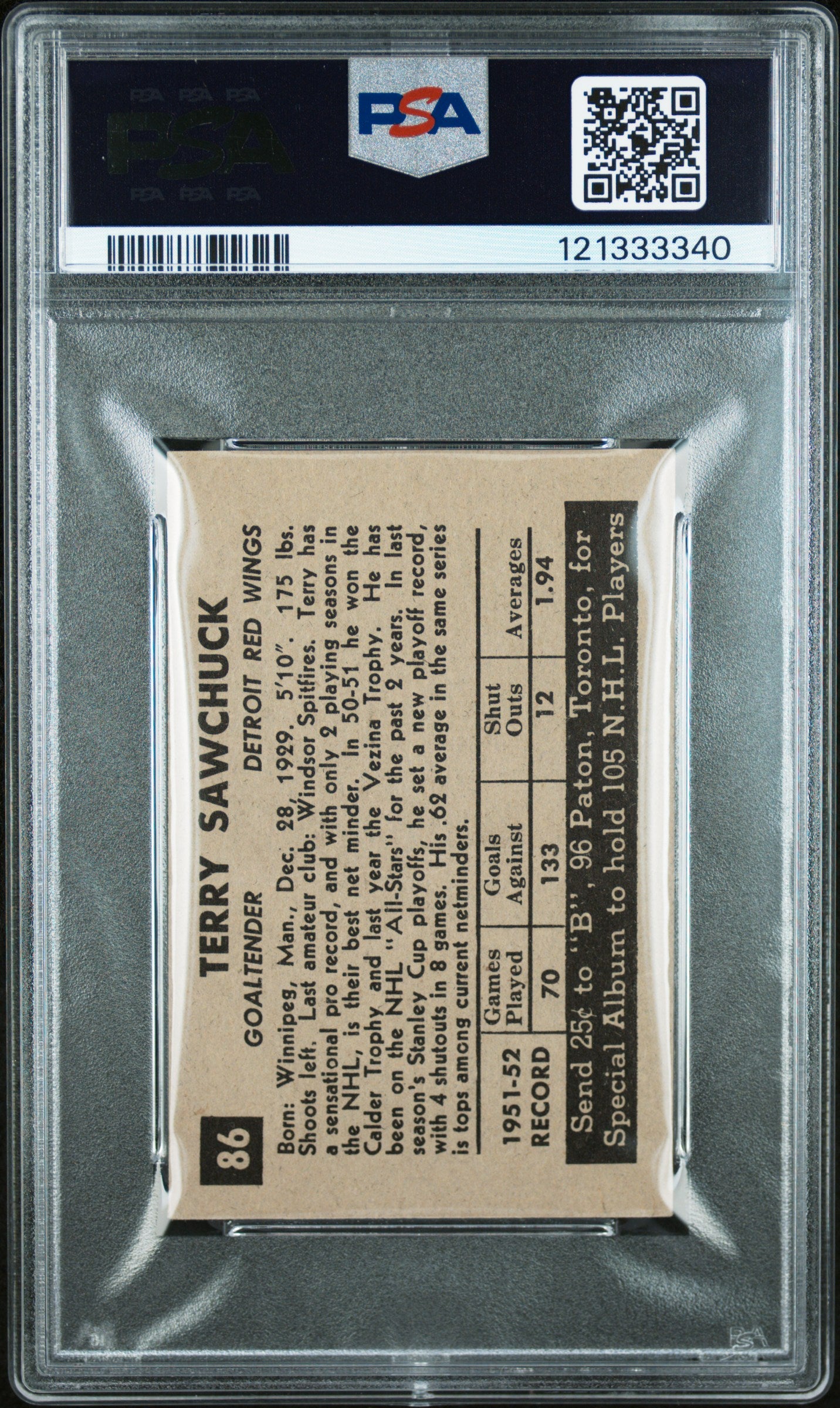 1952 Parkhurst Terry Sawchuck #86 PSA 1.5