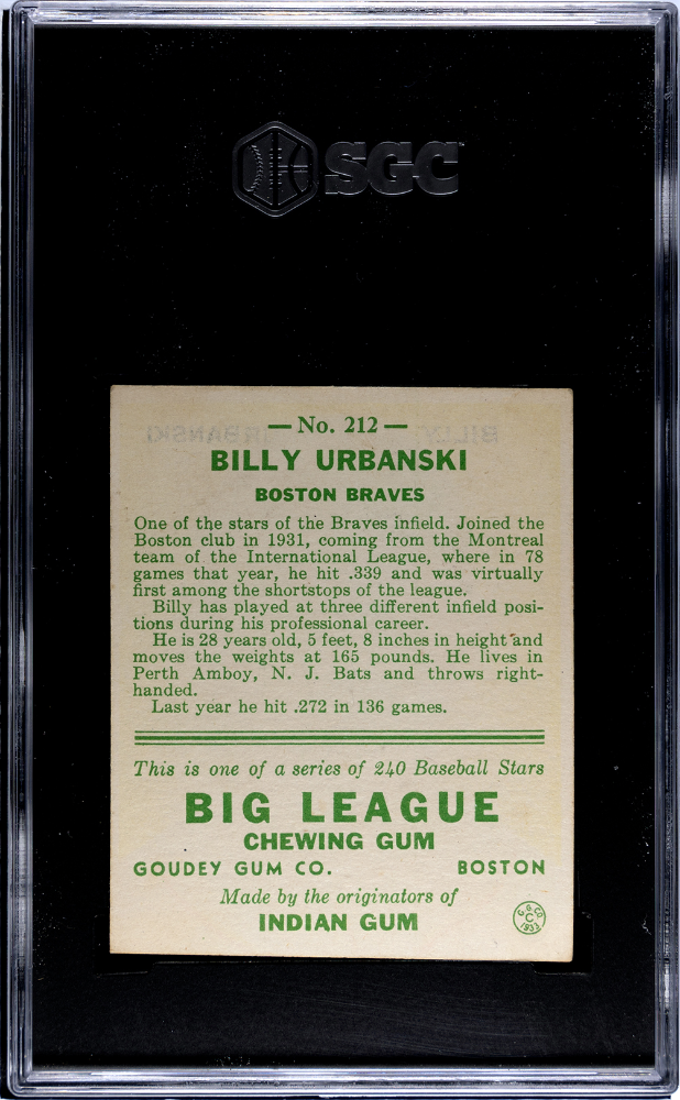 1933 Goudey Billy Urbanski #212 SGC 4
