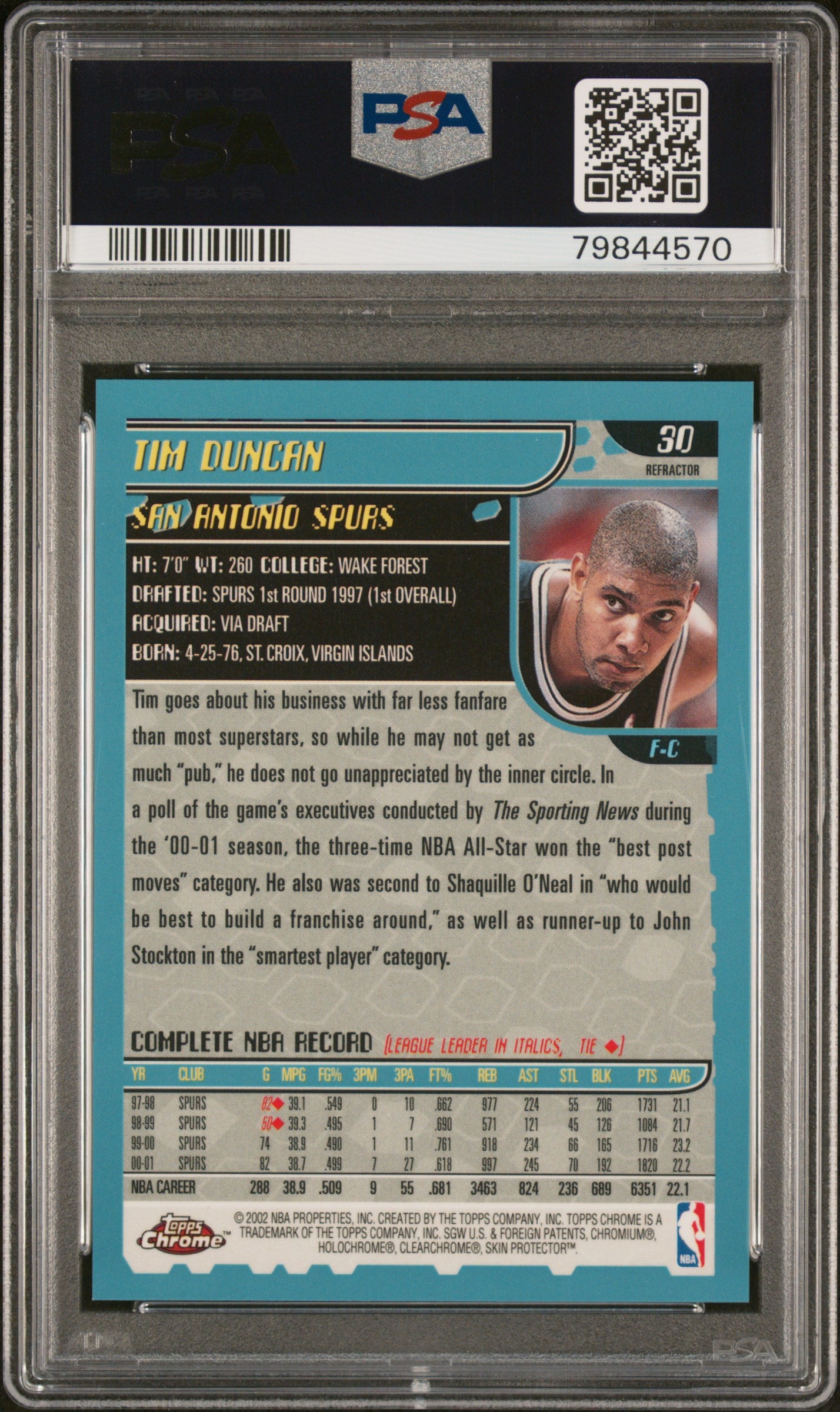 2001 Topps Chrome Tim Duncan #30 Refractor PSA 10