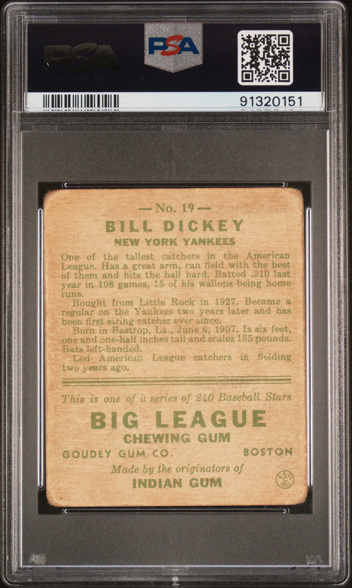 1933 Goudey Bill Dickey #19 PSA 1.5