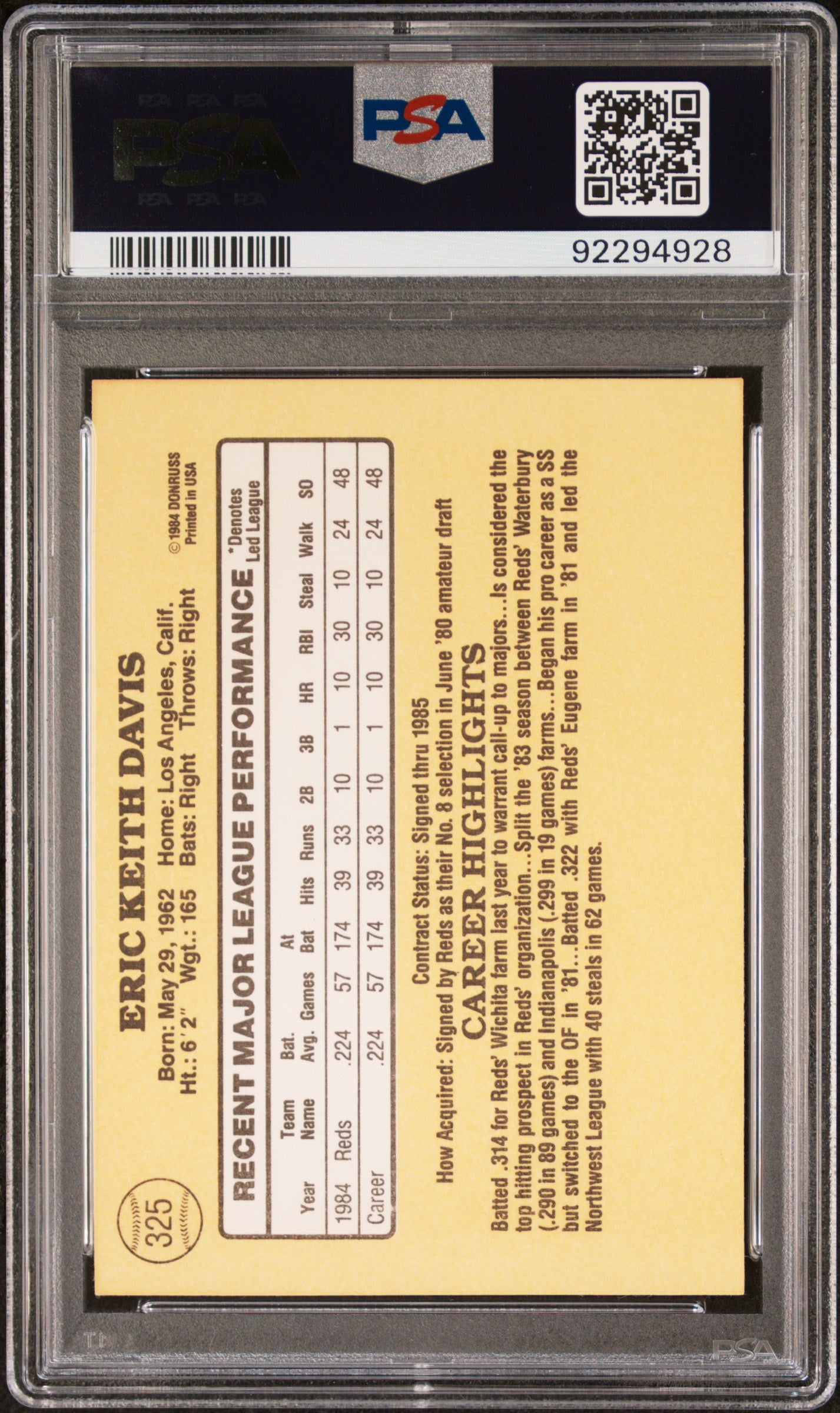 1985 Donruss Eric Davis #325 PSA 10 Auto 10