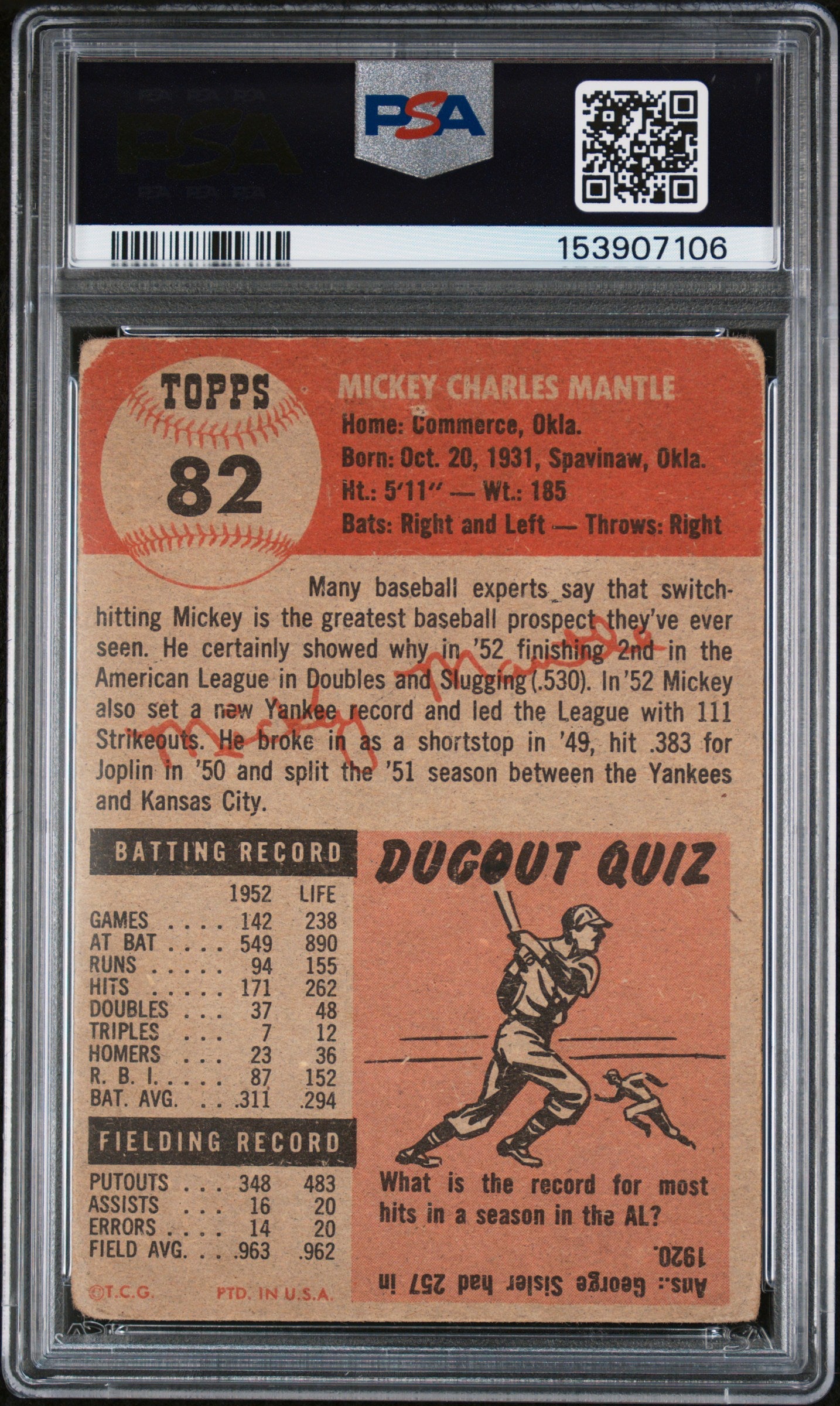 1953 Topps Mickey Mantle #82 PSA 1