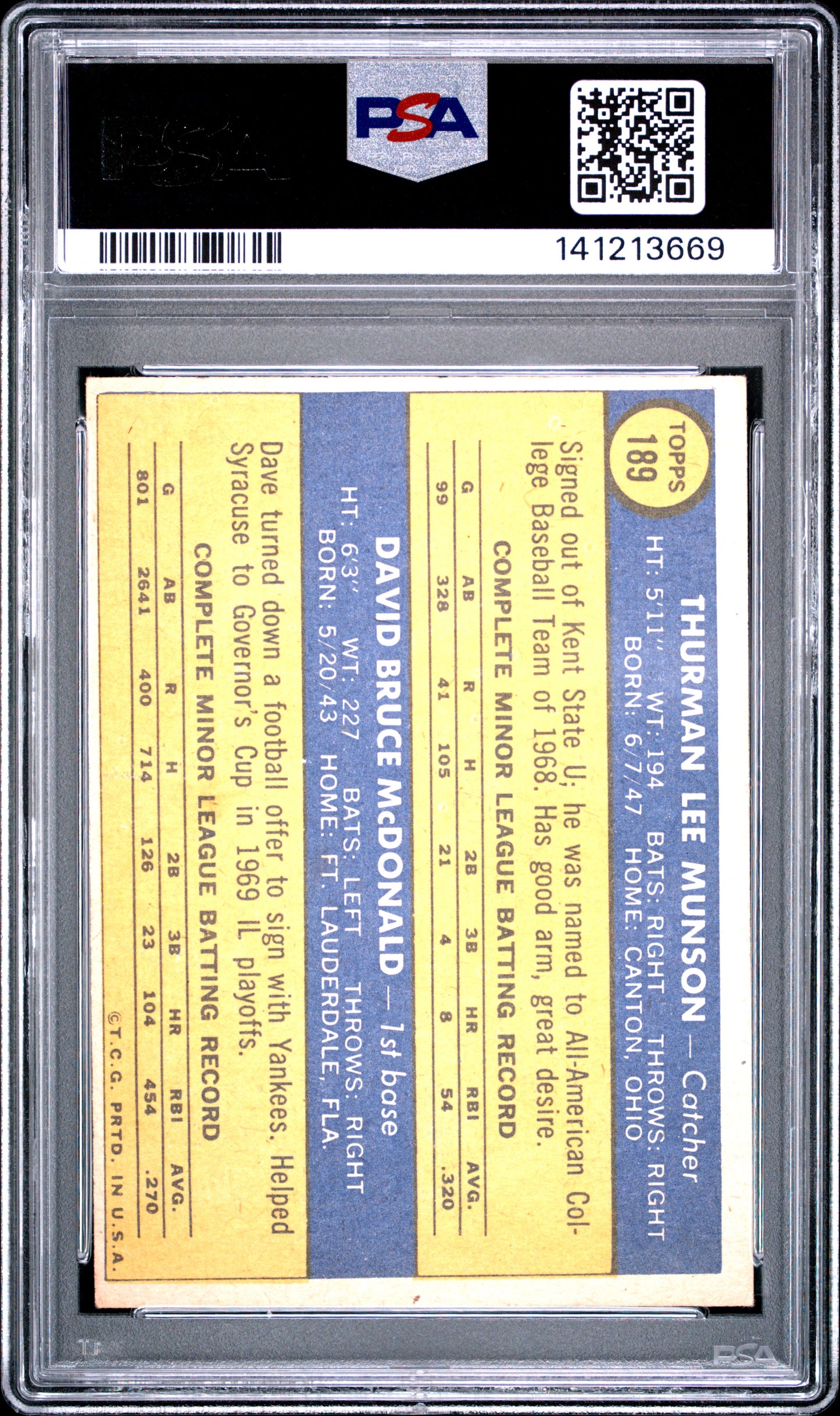 1970 Topps Yankees Rookies #189 T. Munson D. Mcdonald PSA 4
