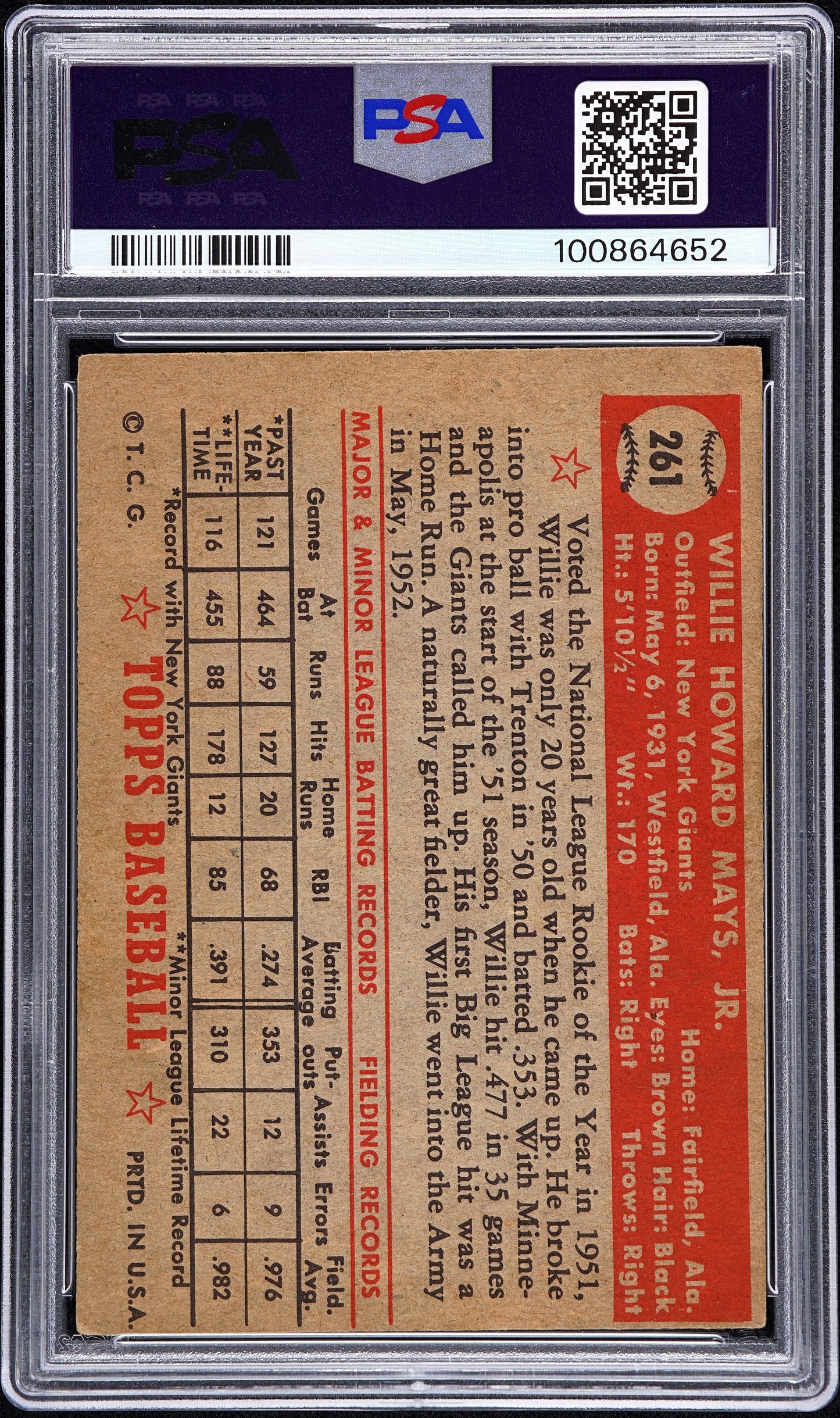 1952 Topps Willie Mays #261 PSA 3