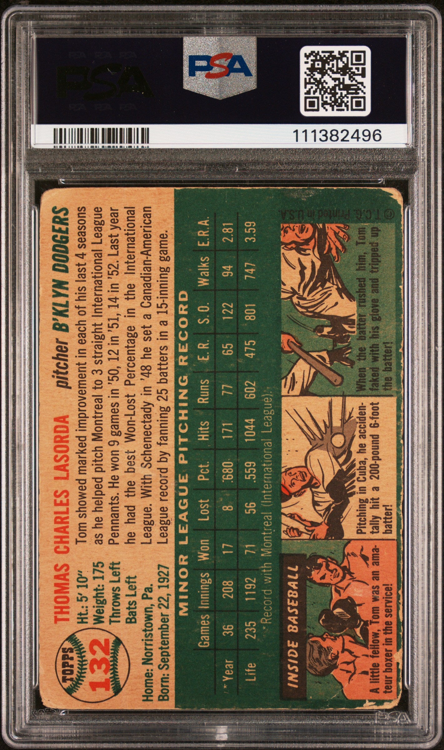 1954 Topps Tom Lasorda #132 MK PSA 1.5
