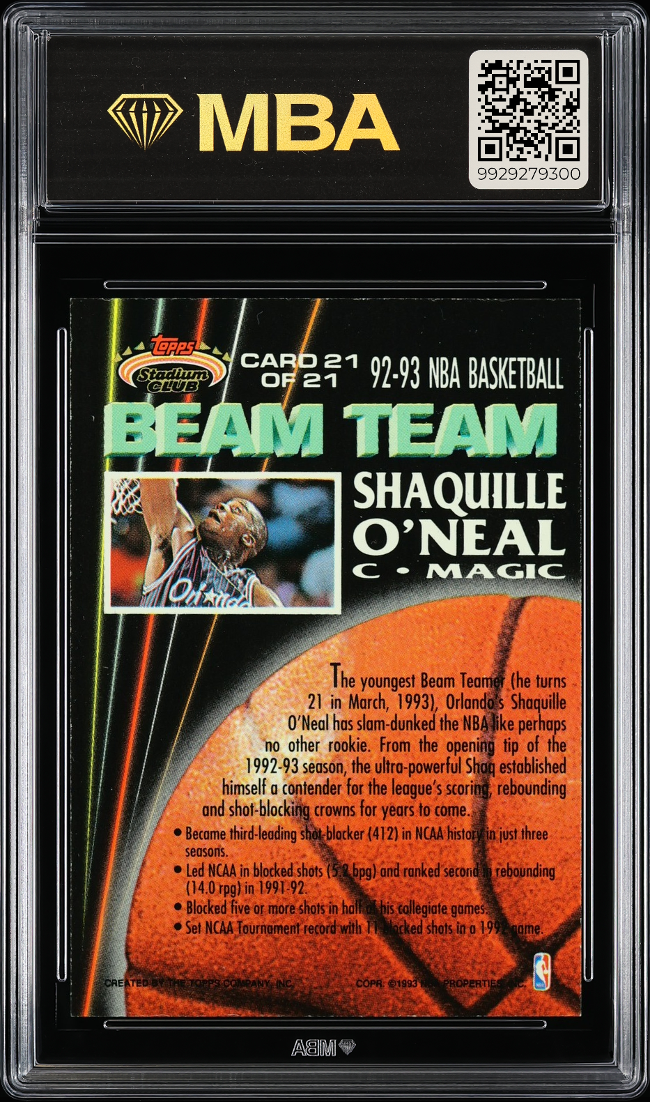 1992 Stadium Club Beam Team Shaquille O'Neal #21 Members Only MBA 9