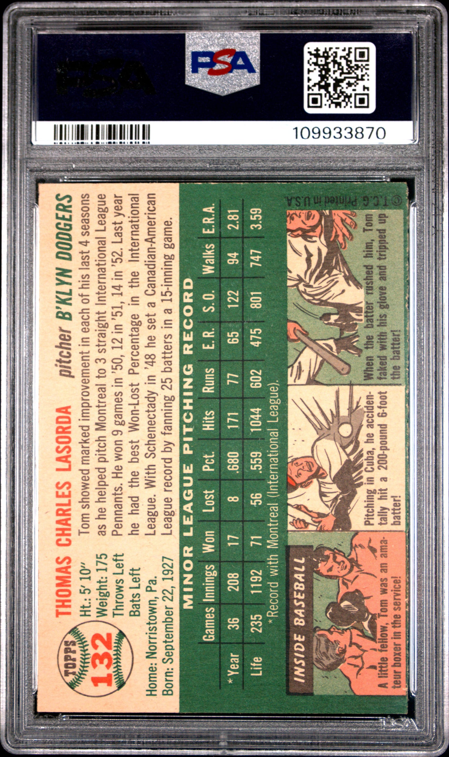 1954 Topps Tom Lasorda #132 PSA 7