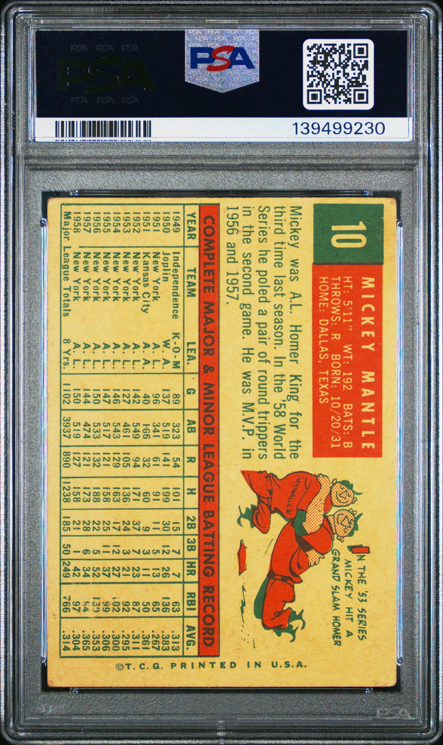 1959 Topps Mickey Mantle #10 PSA 2