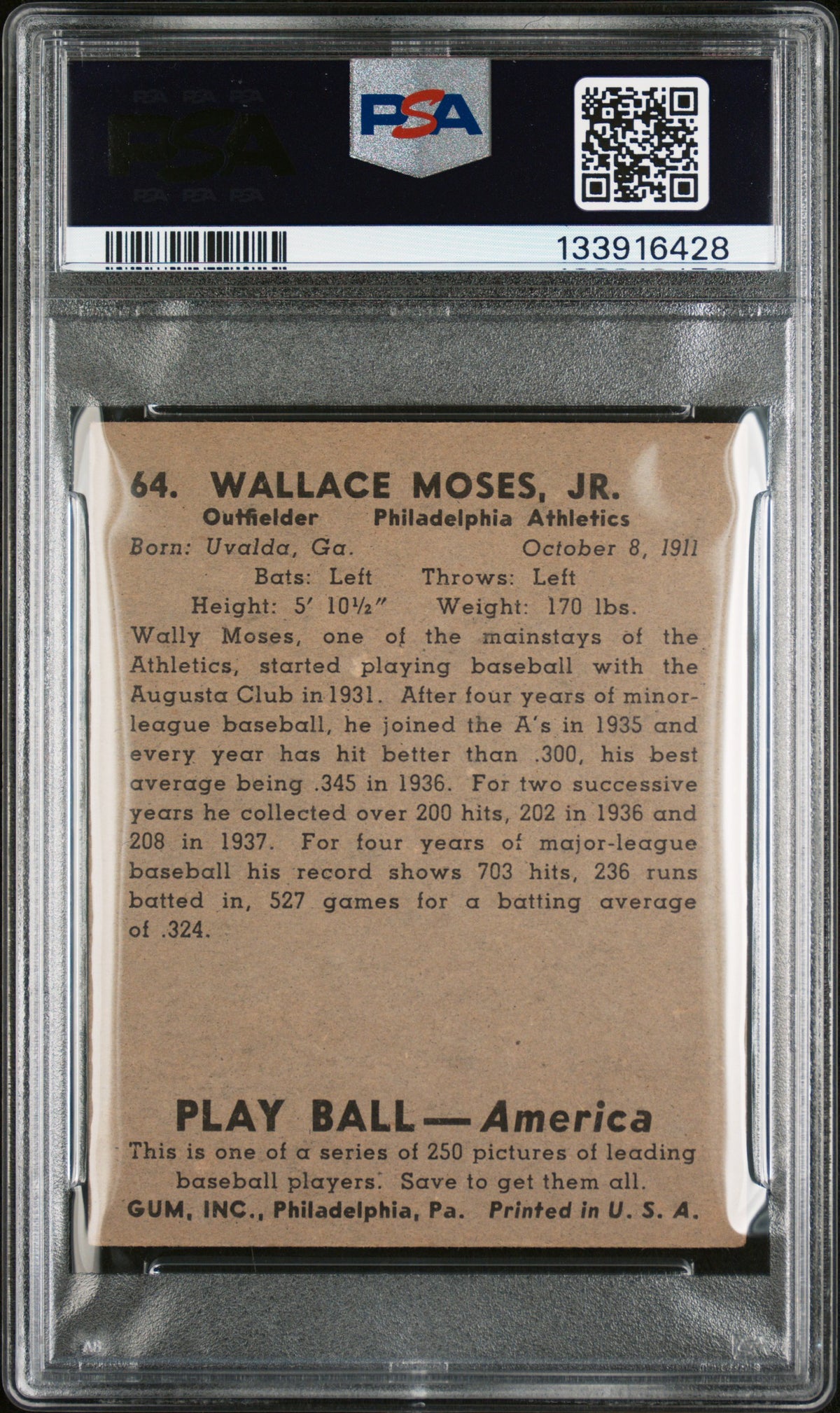 1939 Play Ball Wally Moses #64 PSA 5