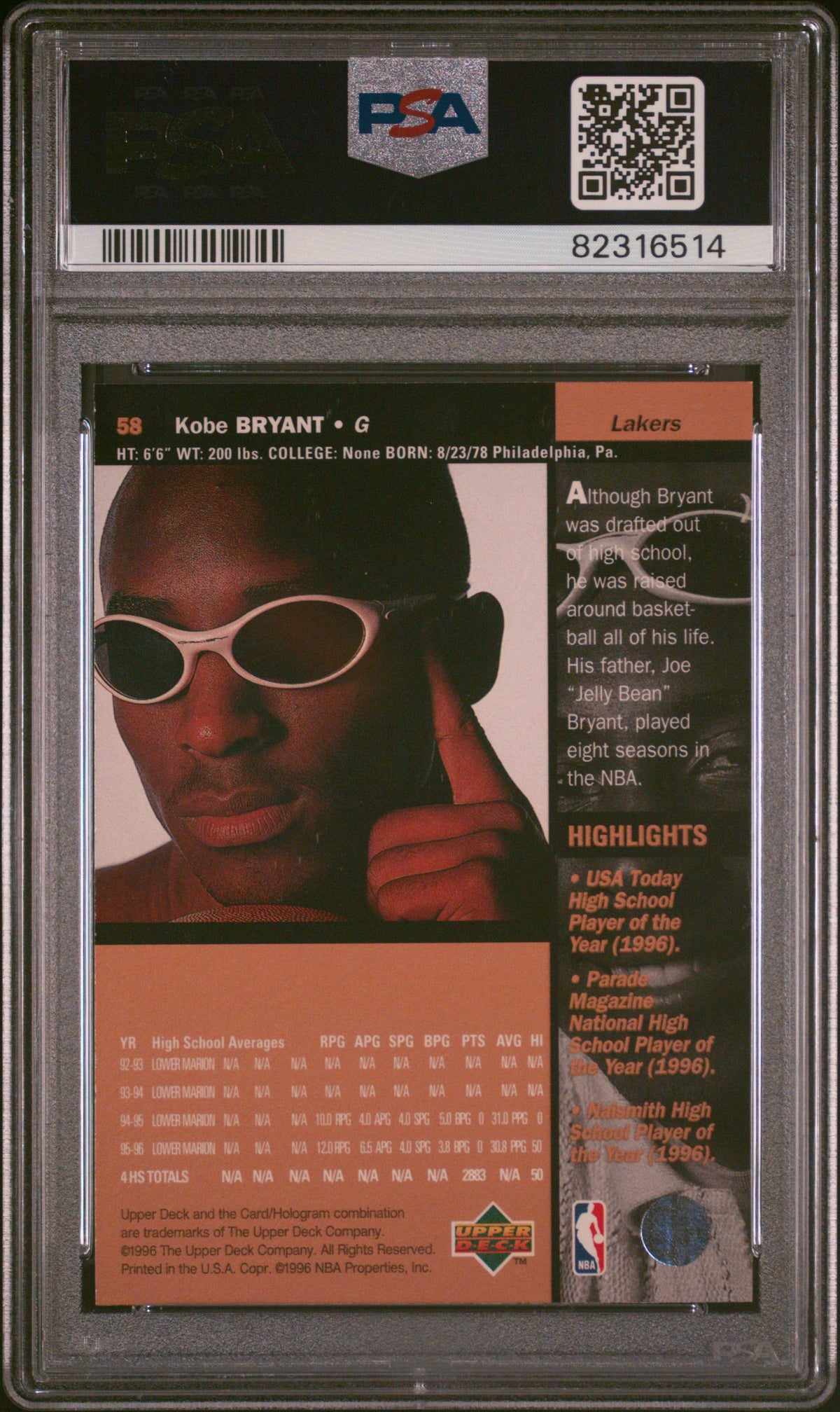 1996 Upper Deck Kobe Bryant #58 PSA 9