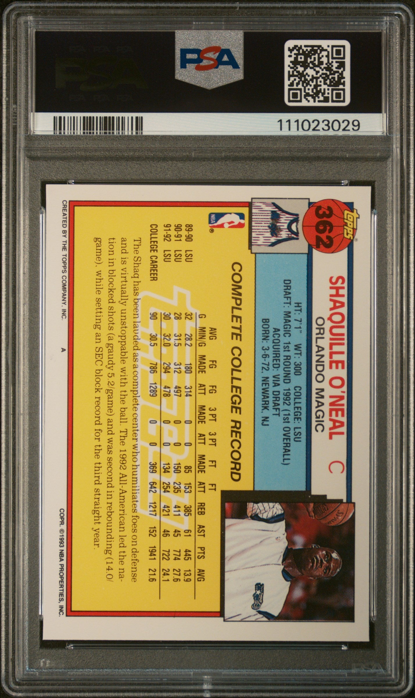 1992 Topps Gold Shaquille O'Neal #362 PSA 9