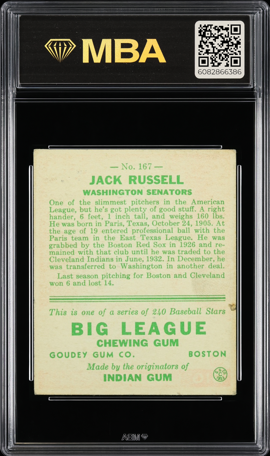 1933 Goudey Jack Russell #167 MBA 4.5