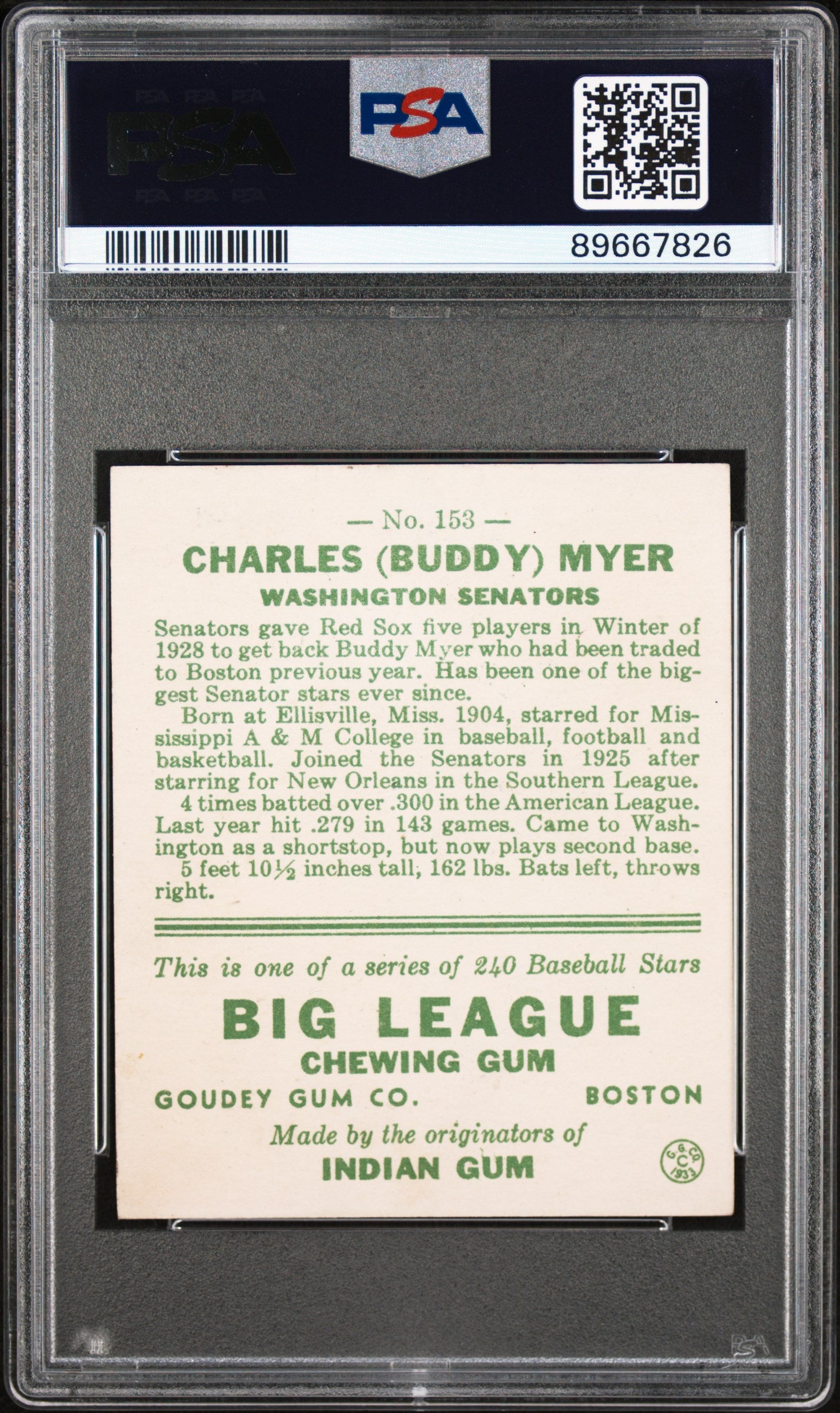 1933 Goudey Buddy Myer #153 PSA 4