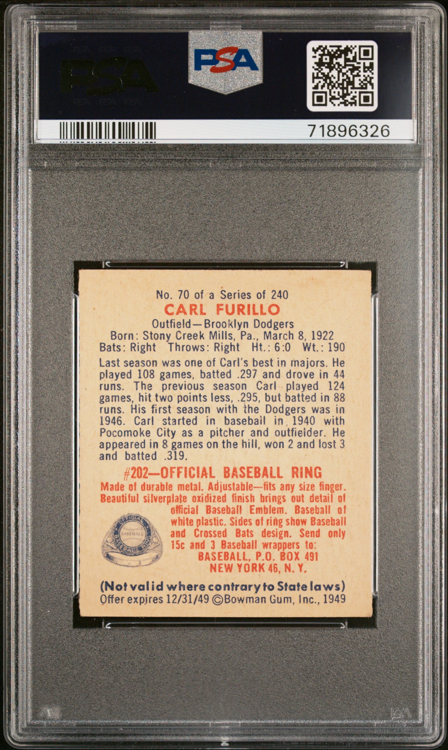 1949 Bowman Carl Furillo #70 PSA 4