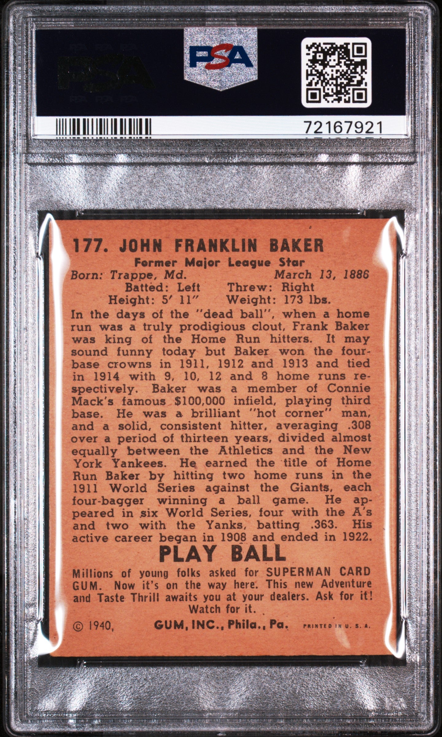 1940 Play Ball Frank Homerun Baker #177 PSA 4