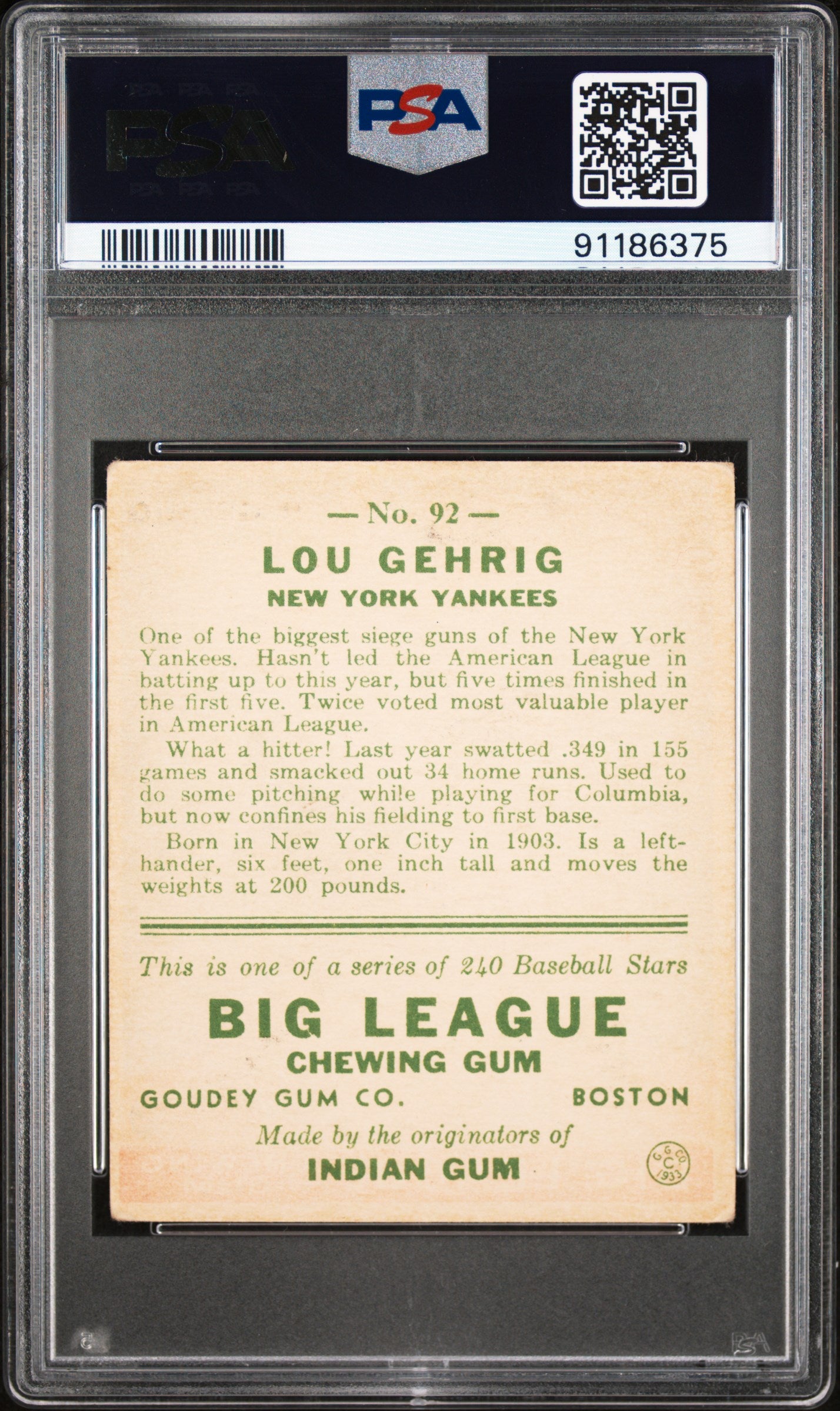 1933 Goudey Lou Gehrig #92 PSA 3