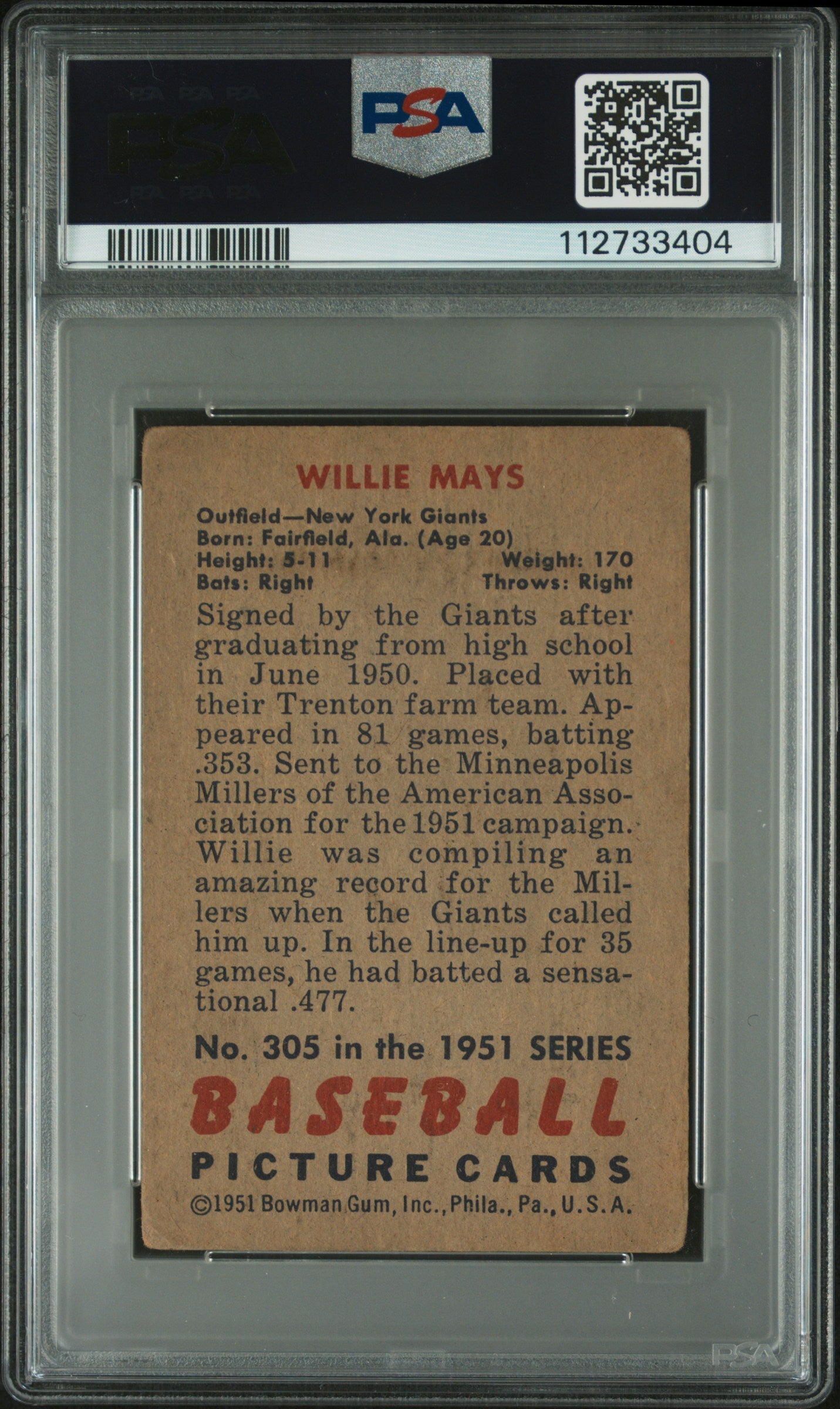 1951 Bowman Willie Mays #305 PSA A Auto 7