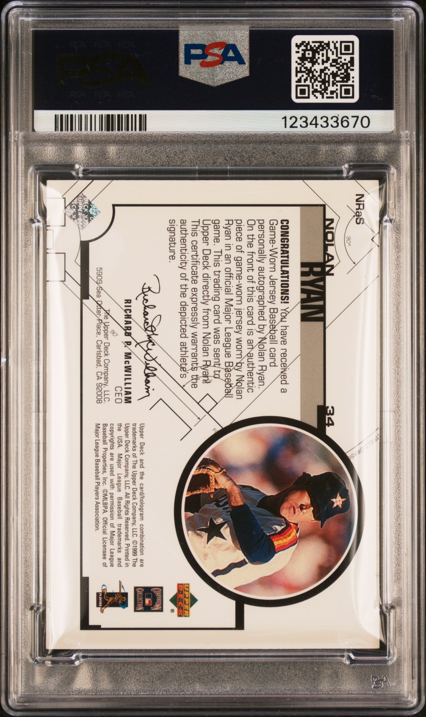 1999 Upper Deck Game Jersey Nolan Ryan #NRaS Autograph PSA 7 9/34 Auto 10