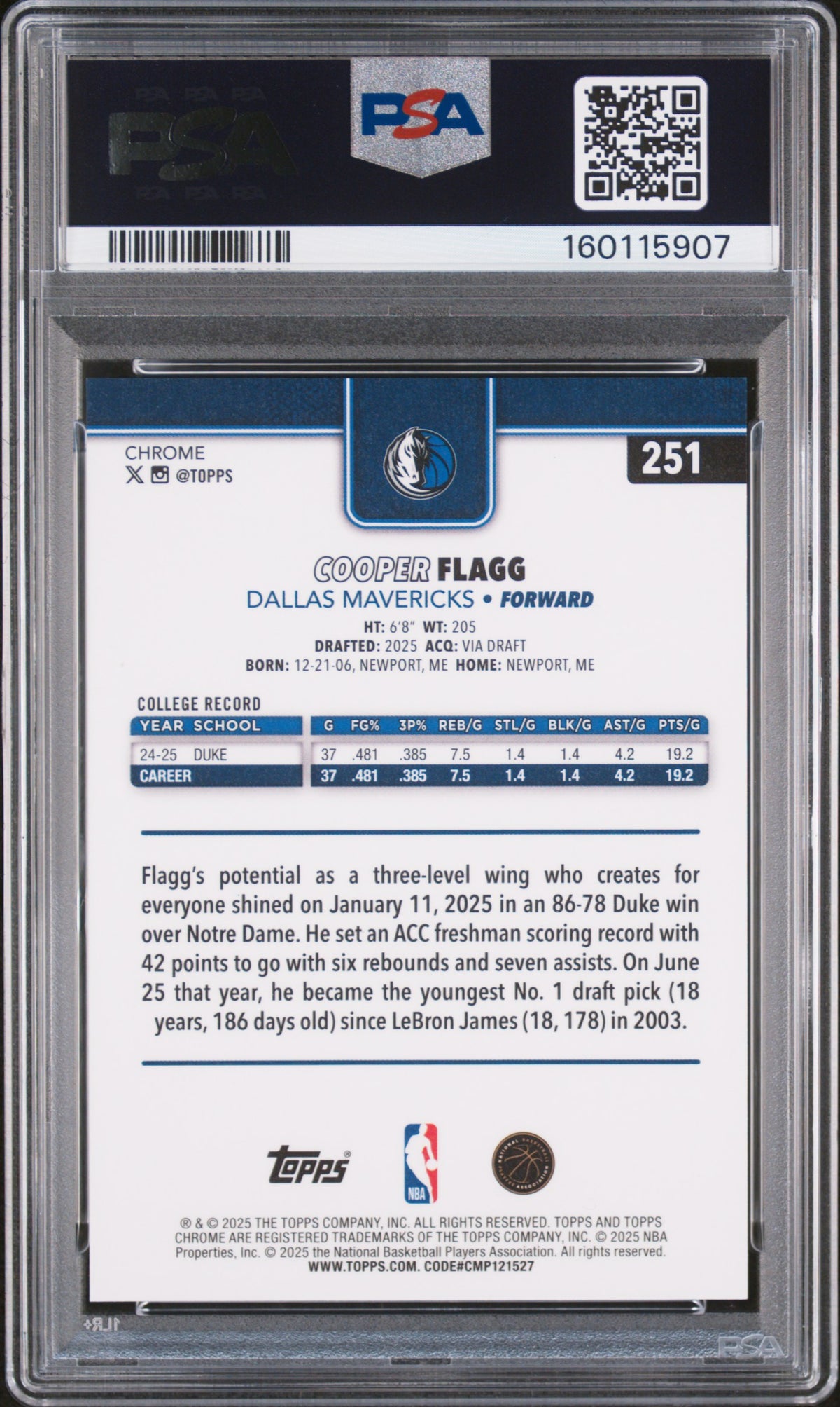 2025 Topps Chrome Cooper Flagg #251 Blue X Fractor PSA 10