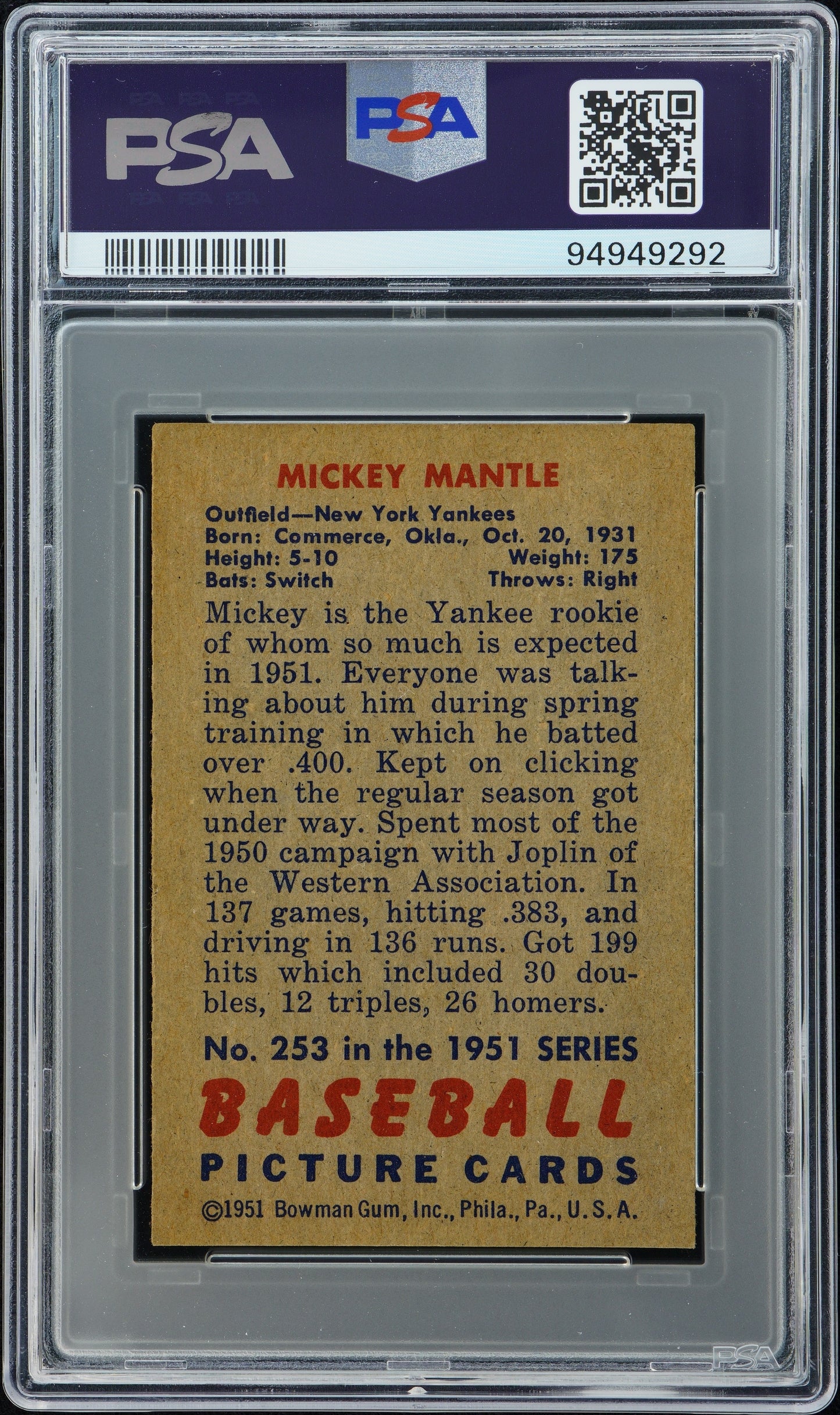 1951 Bowman Mickey Mantle #253 PSA 7