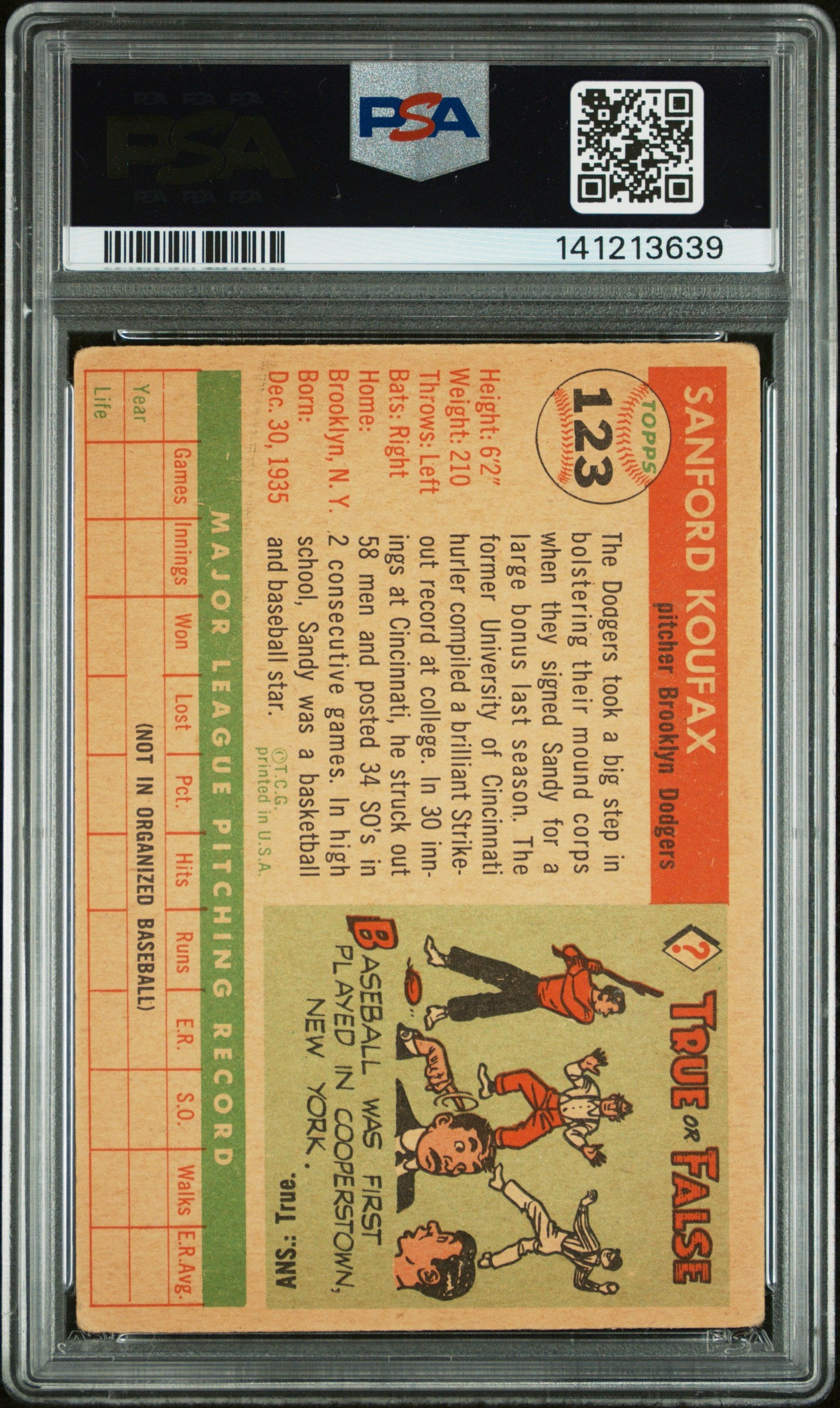 1955 Topps Sandy Koufax #123 PSA 2