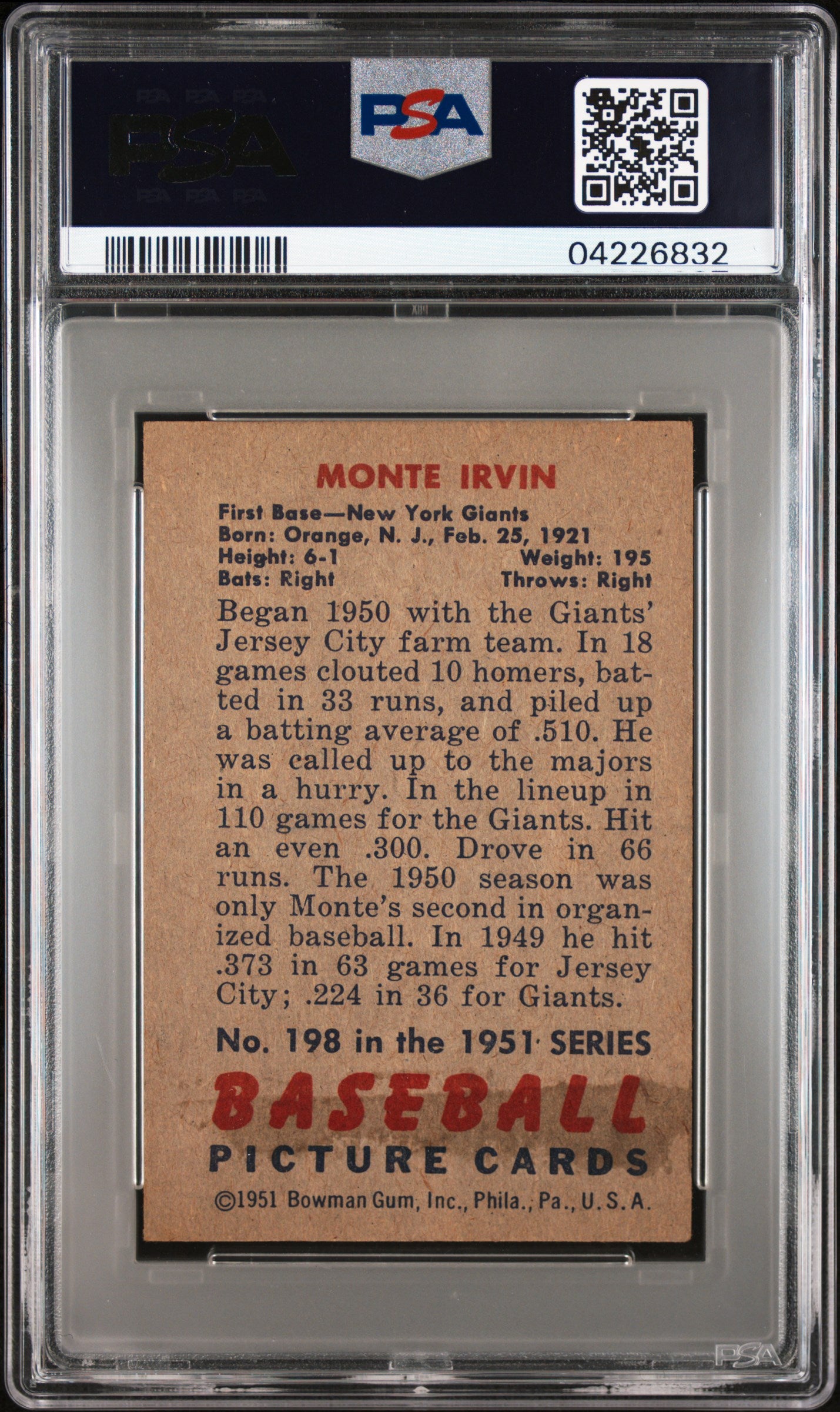 1951 Bowman Monte Irvin #198 PSA 6