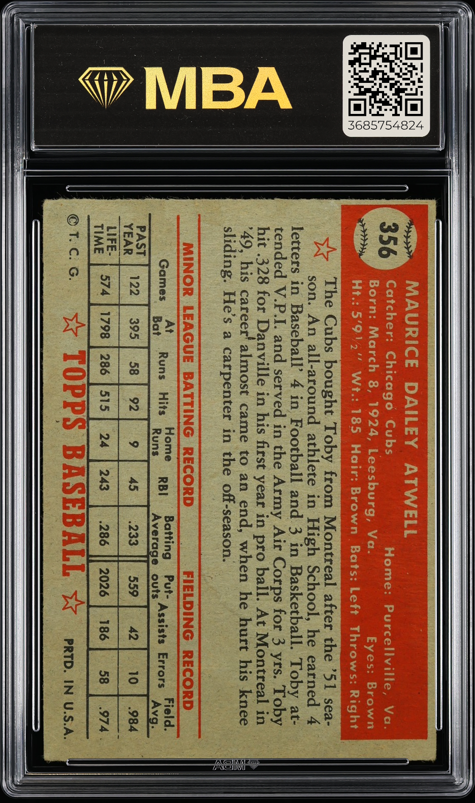 1952 Topps Toby Atwell #356 MBA 3