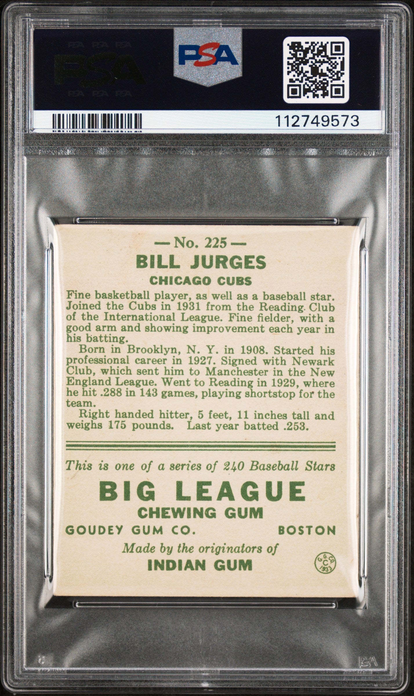 1933 Goudey Bill Jurges #225 PSA 4