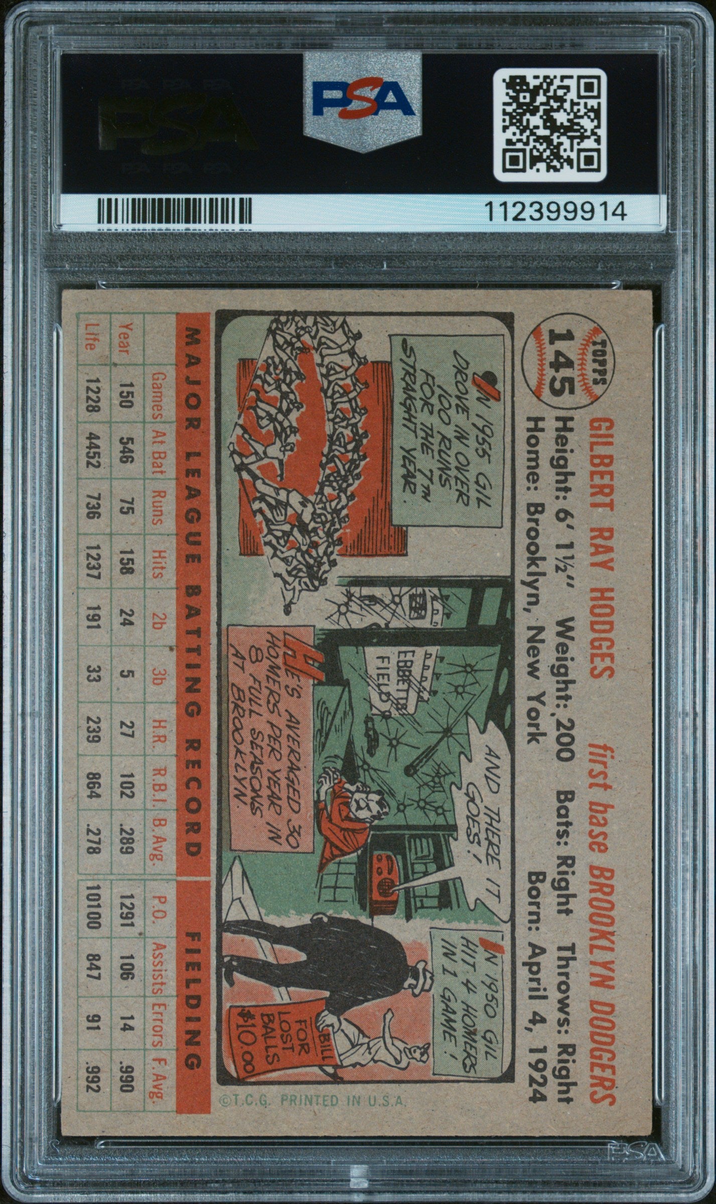 1956 Topps Gil Hodges #145 Gray Back PSA 5