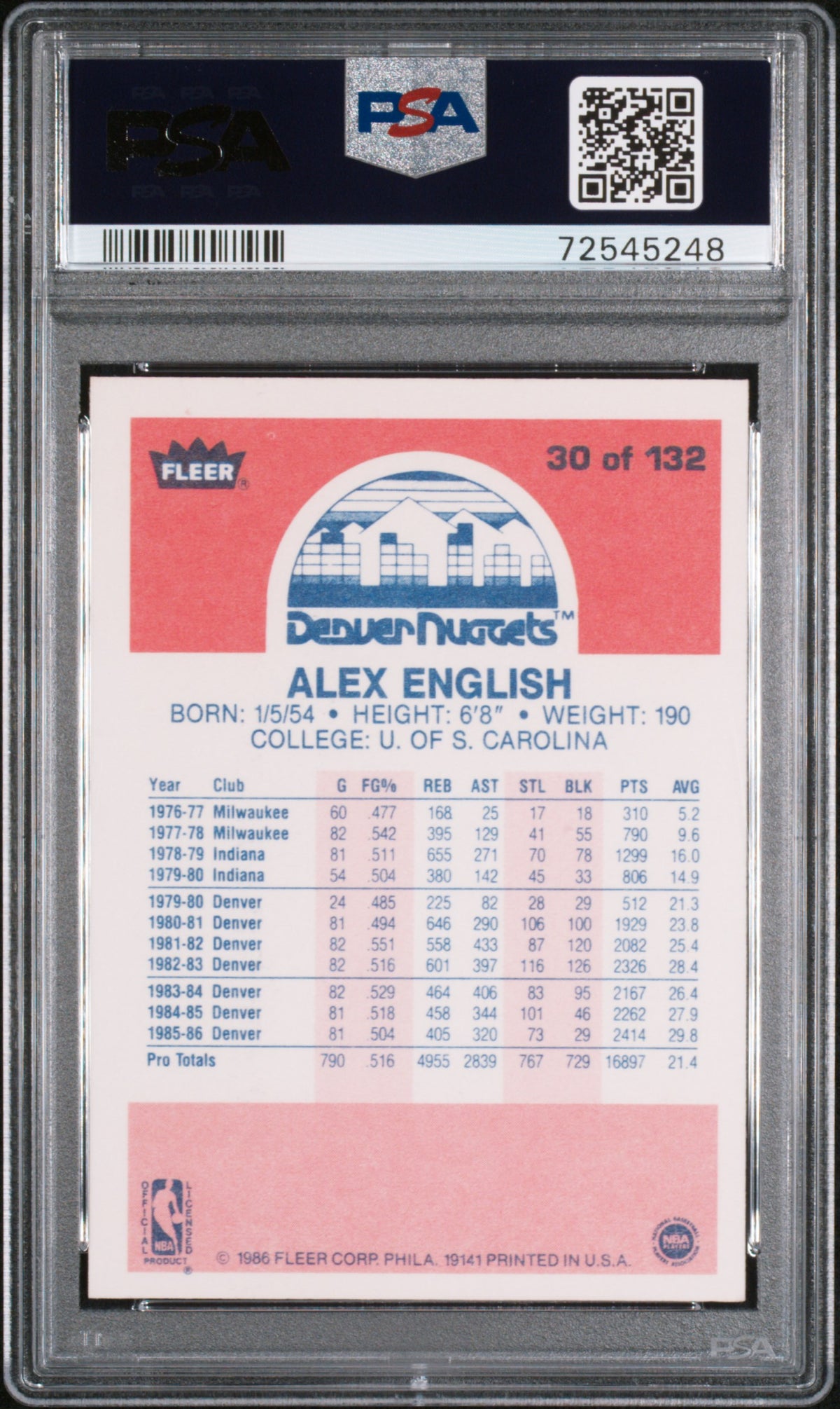 1986 Fleer Alex English #30 PSA 9