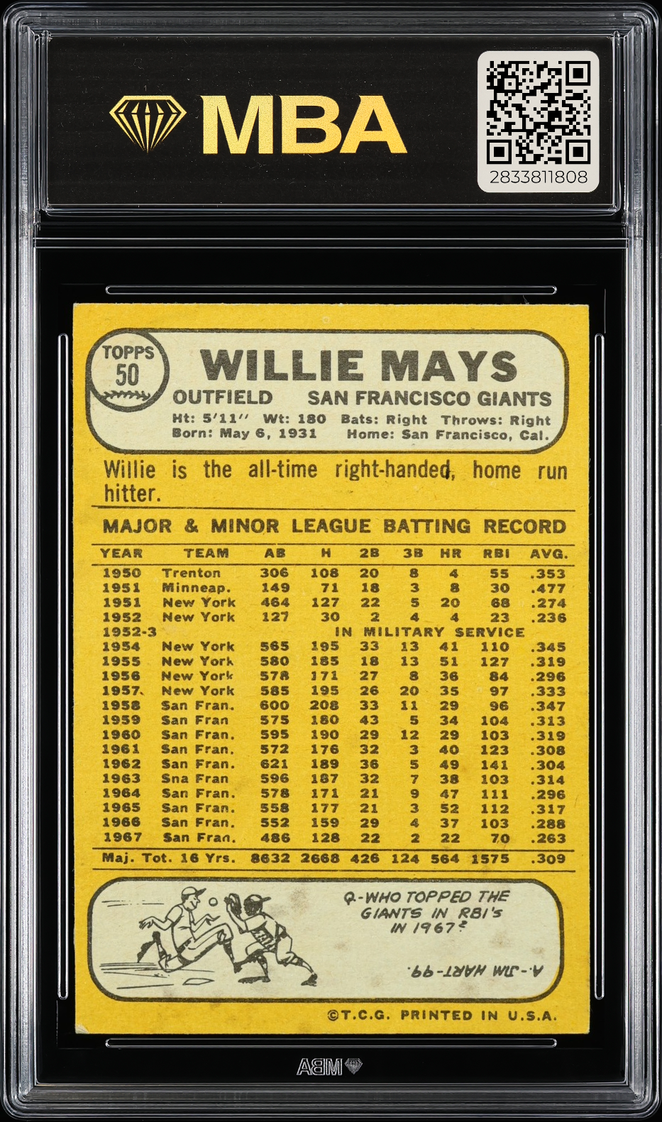 1968 Topps Willie Mays #50 MBA Authentic Altered