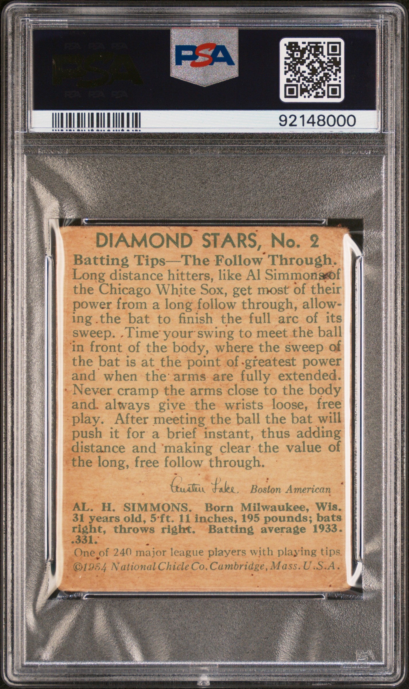 1934 Diamond Stars Al Simmons #2 PSA 1