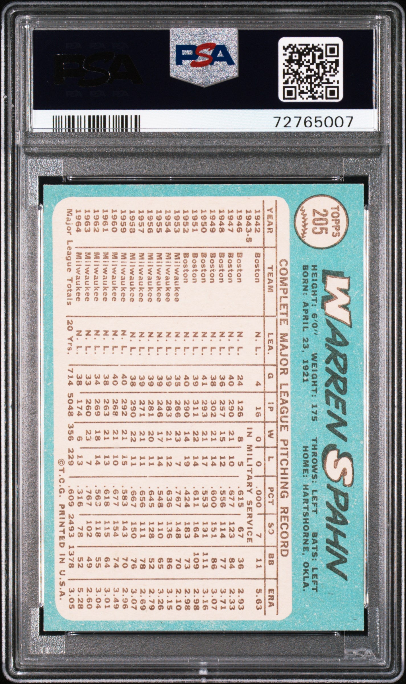 1965 Topps Warren Spahn #205 PSA 9