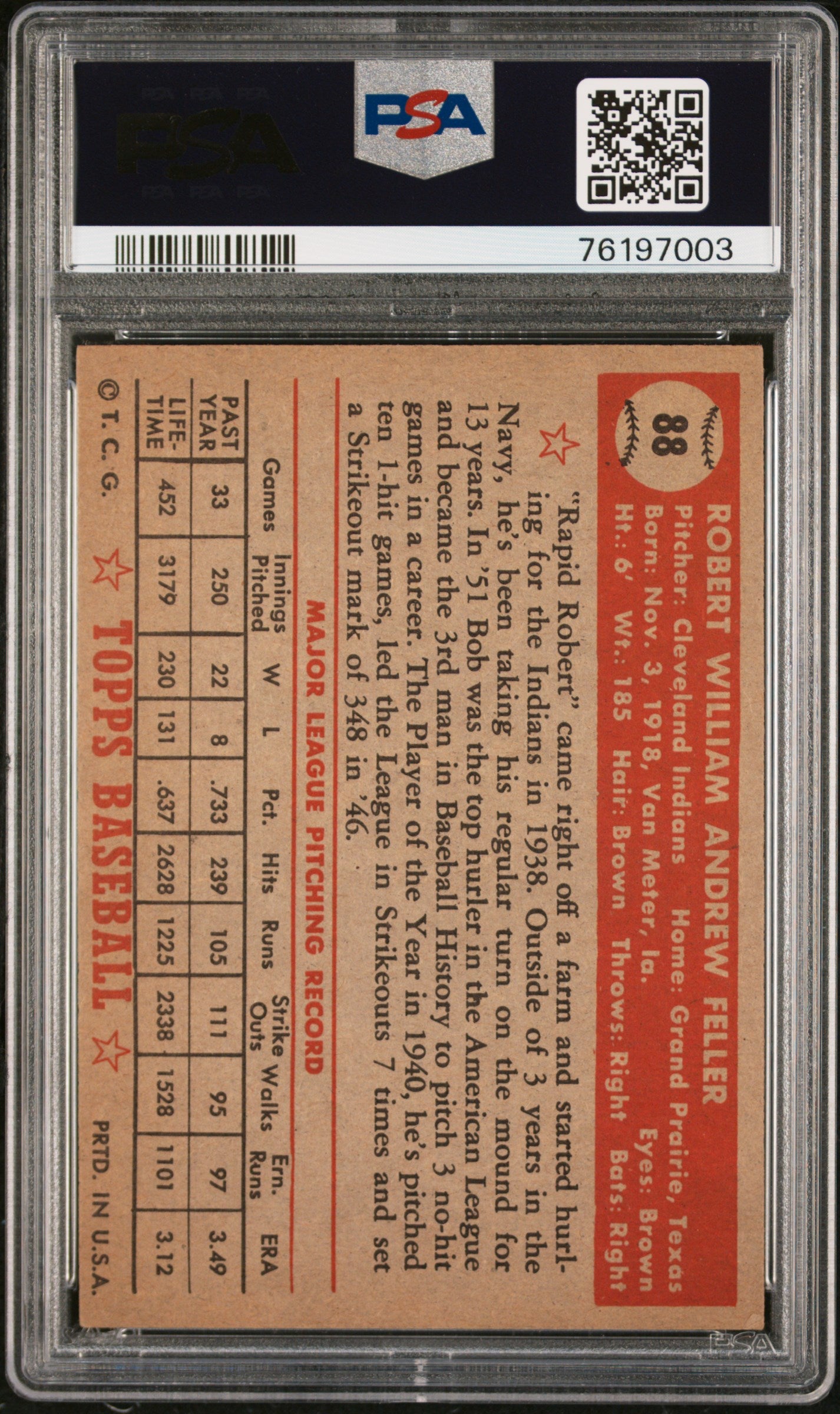 1952 Topps Bob Feller #88 PSA 4